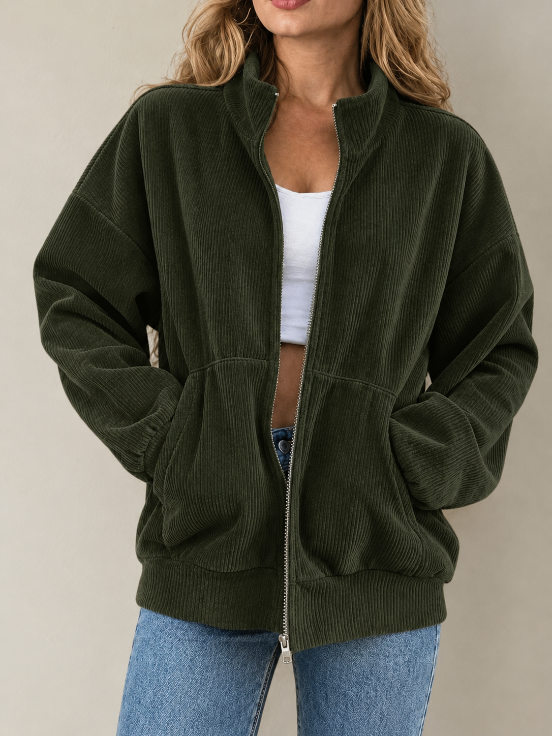 Corduroy Zip-Up Stand Collar Sweatshirt | CozyFits