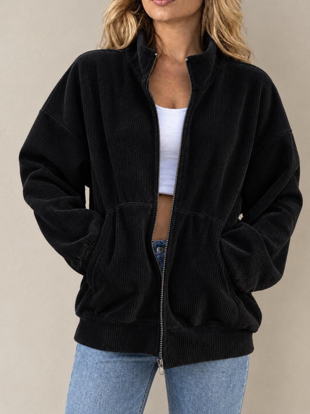 Corduroy Zip-Up Stand Collar Sweatshirt | CozyFits