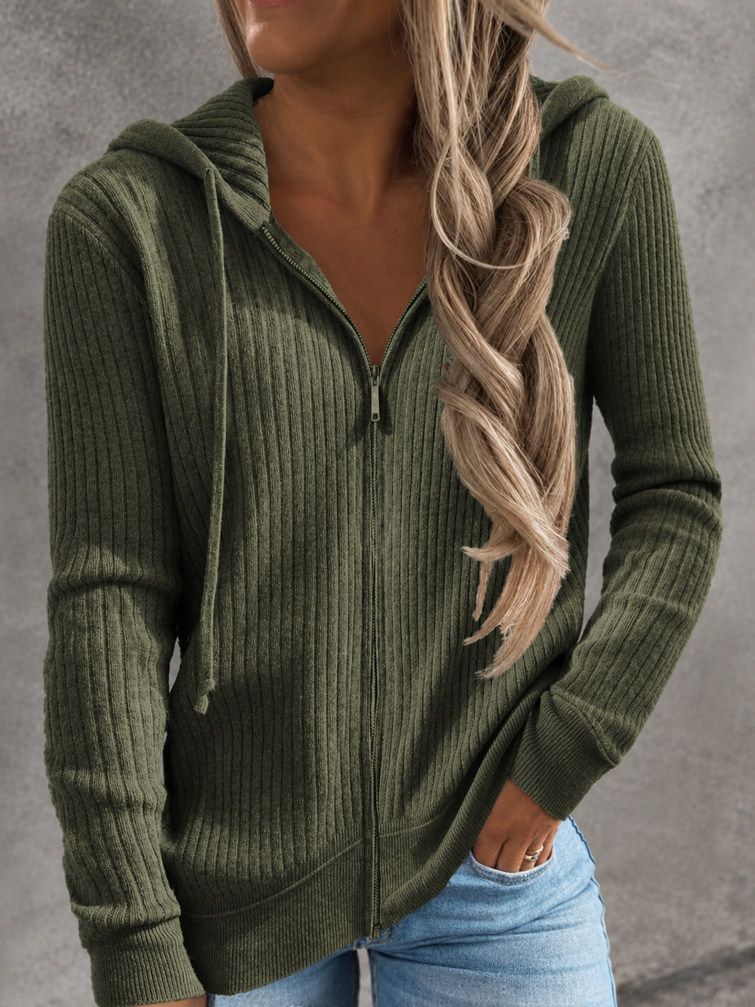 Hooded Ribbed Knit Zip-Up Cardigan | CozyFits