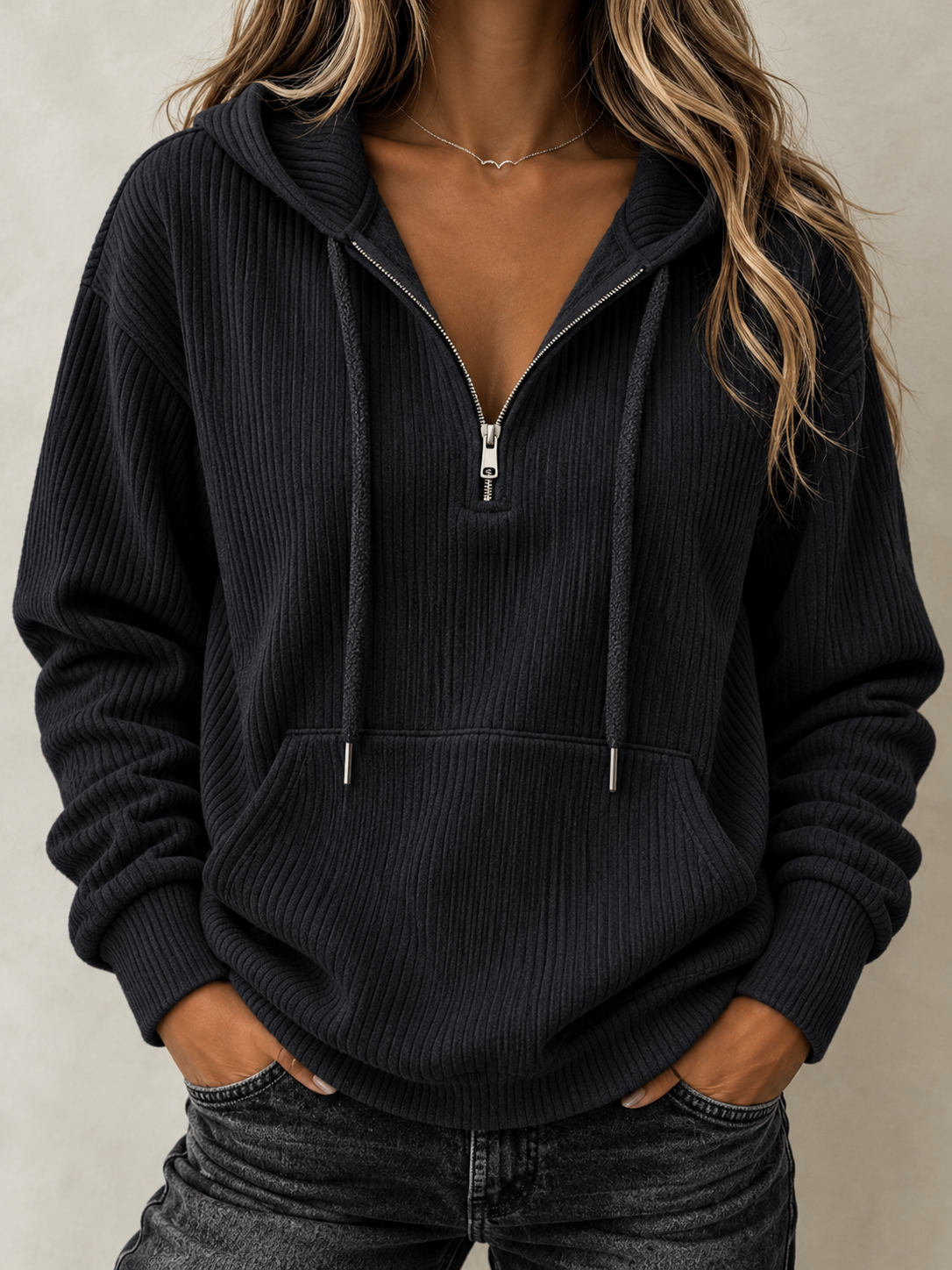 Quarter-Zip Ribbed Knit Hoodie | CozyFits