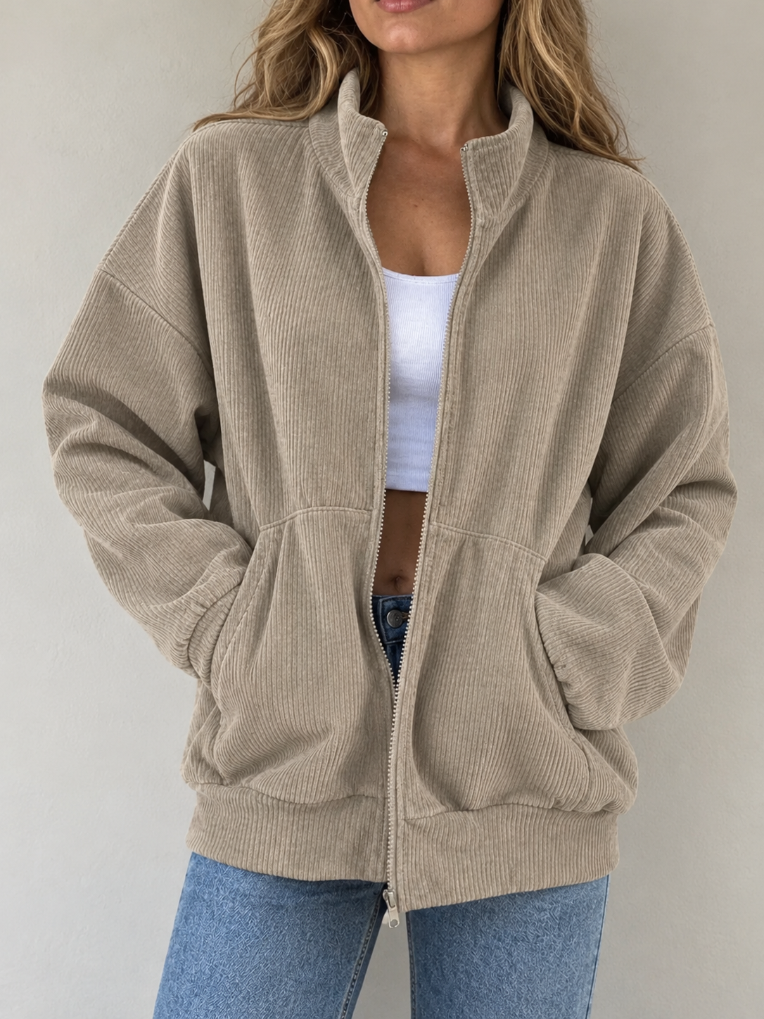 Corduroy Zip-Up Stand Collar Sweatshirt | CozyFits