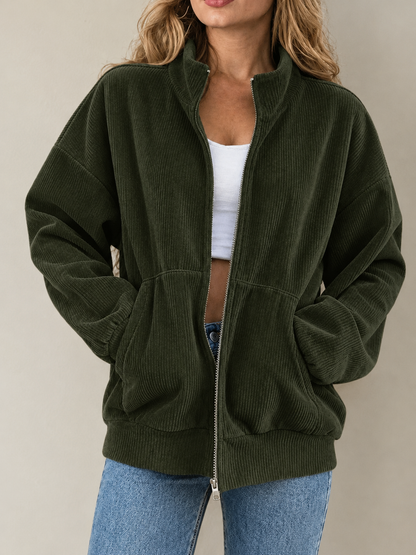Corduroy Zip-Up Stand Collar Sweatshirt | CozyFits