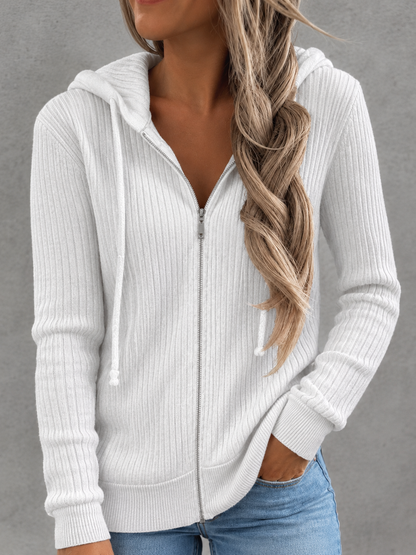 Hooded Ribbed Knit Zip-Up Cardigan | CozyFits