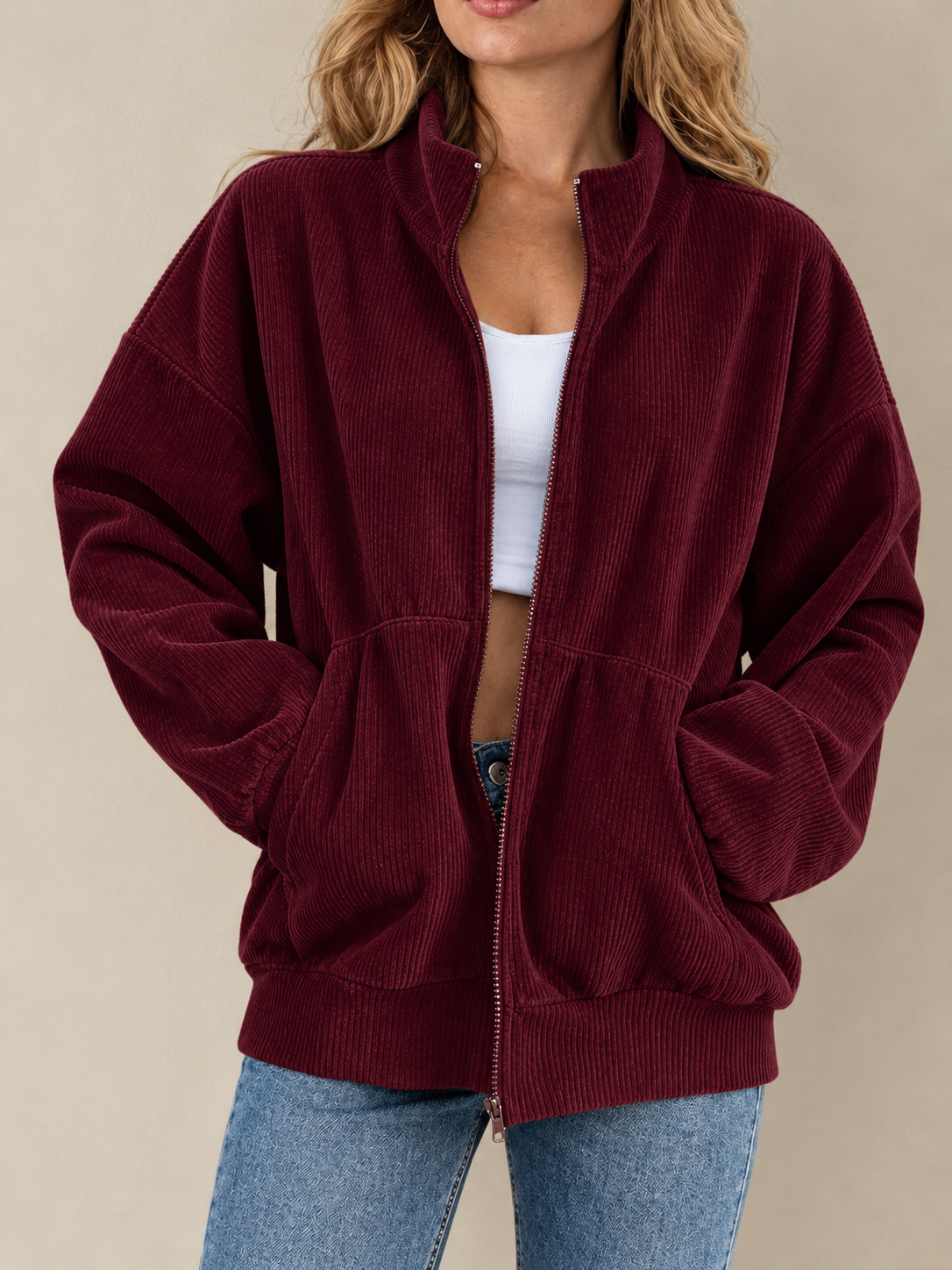 Corduroy Zip-Up Stand Collar Sweatshirt | CozyFits