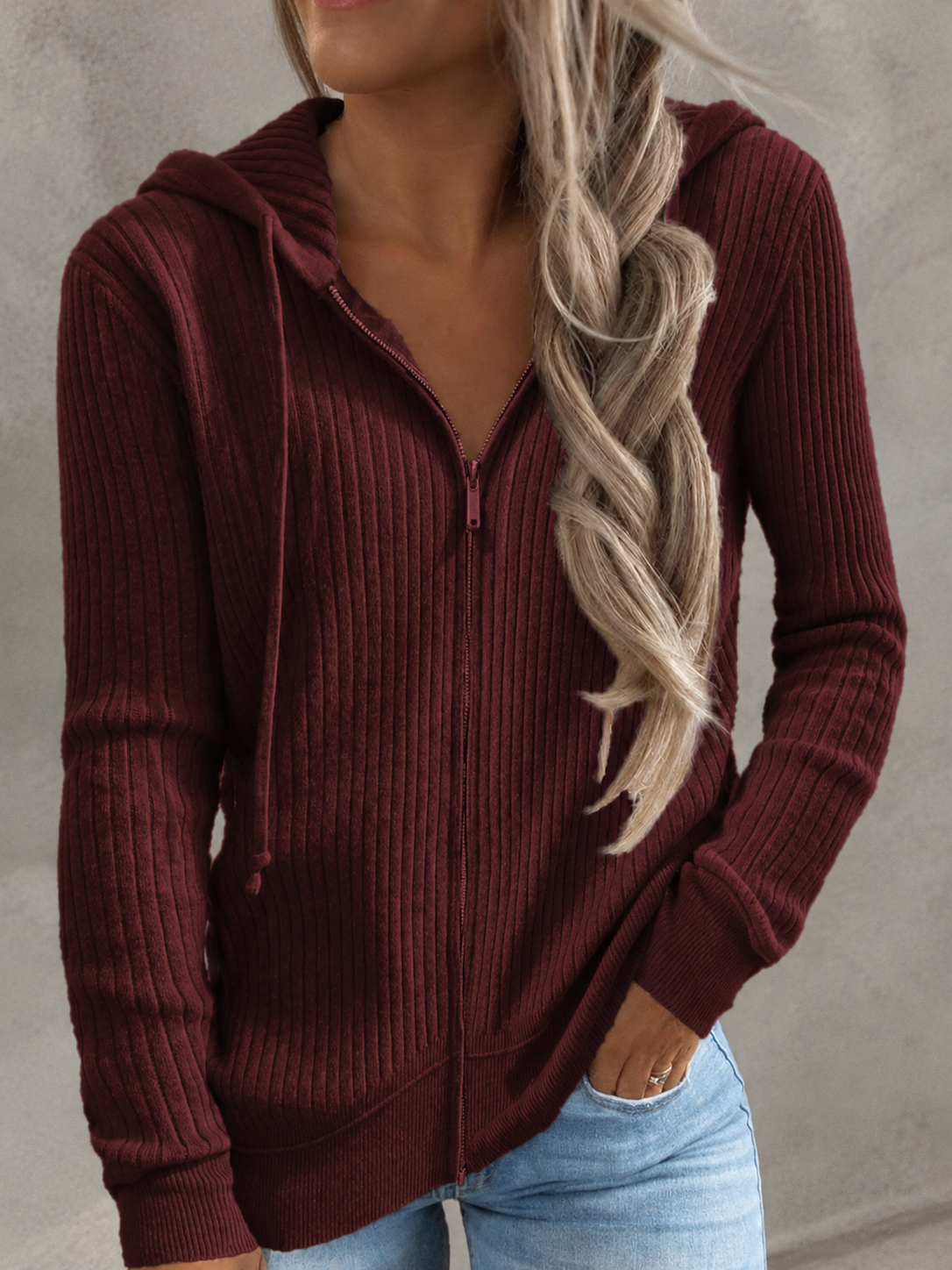 Hooded Ribbed Knit Zip-Up Cardigan | CozyFits