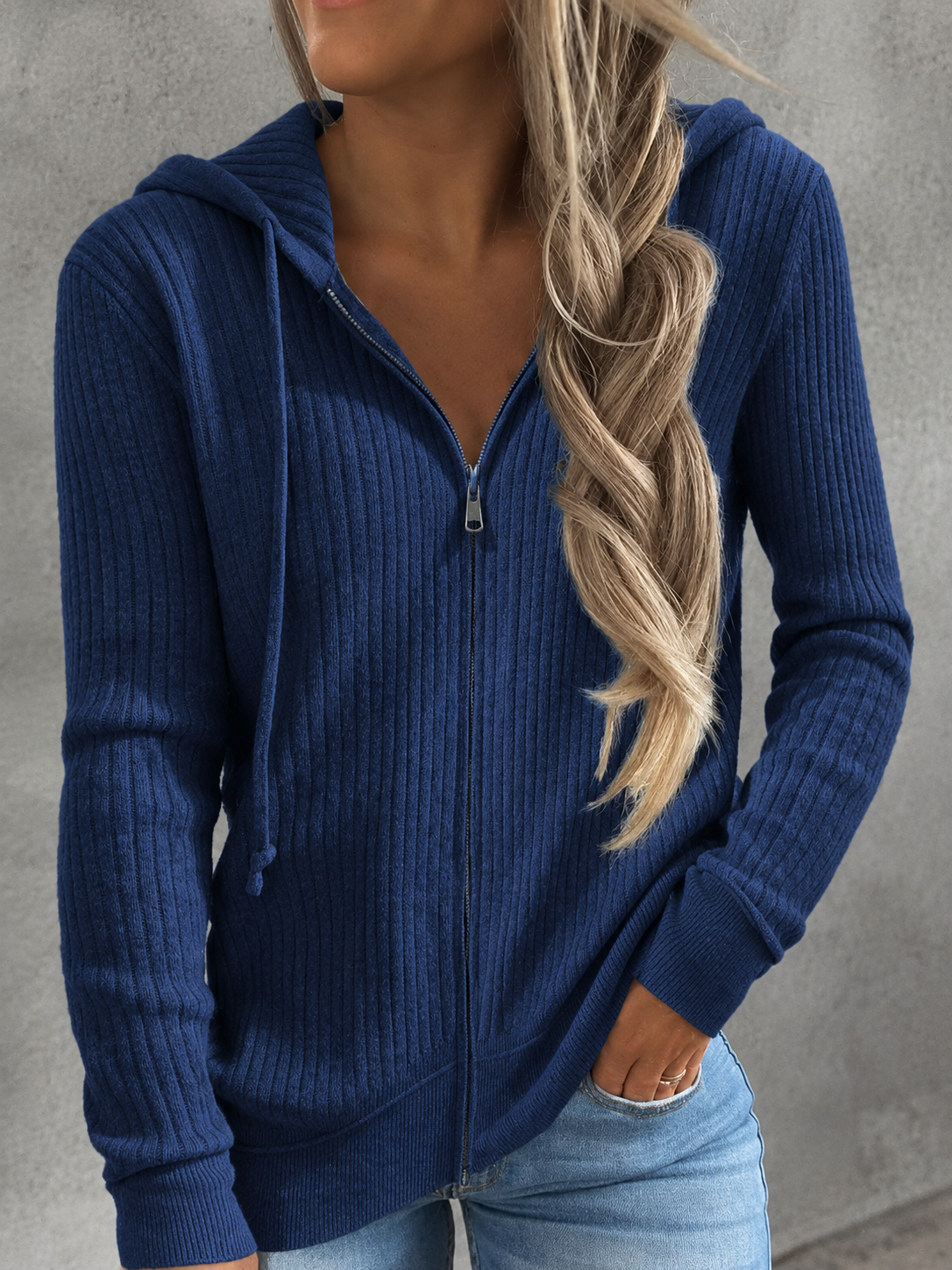 Hooded Ribbed Knit Zip-Up Cardigan | CozyFits