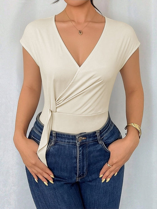 Apricot Surplice Cap Sleeve Bodysuit | CozyFits in Apricot