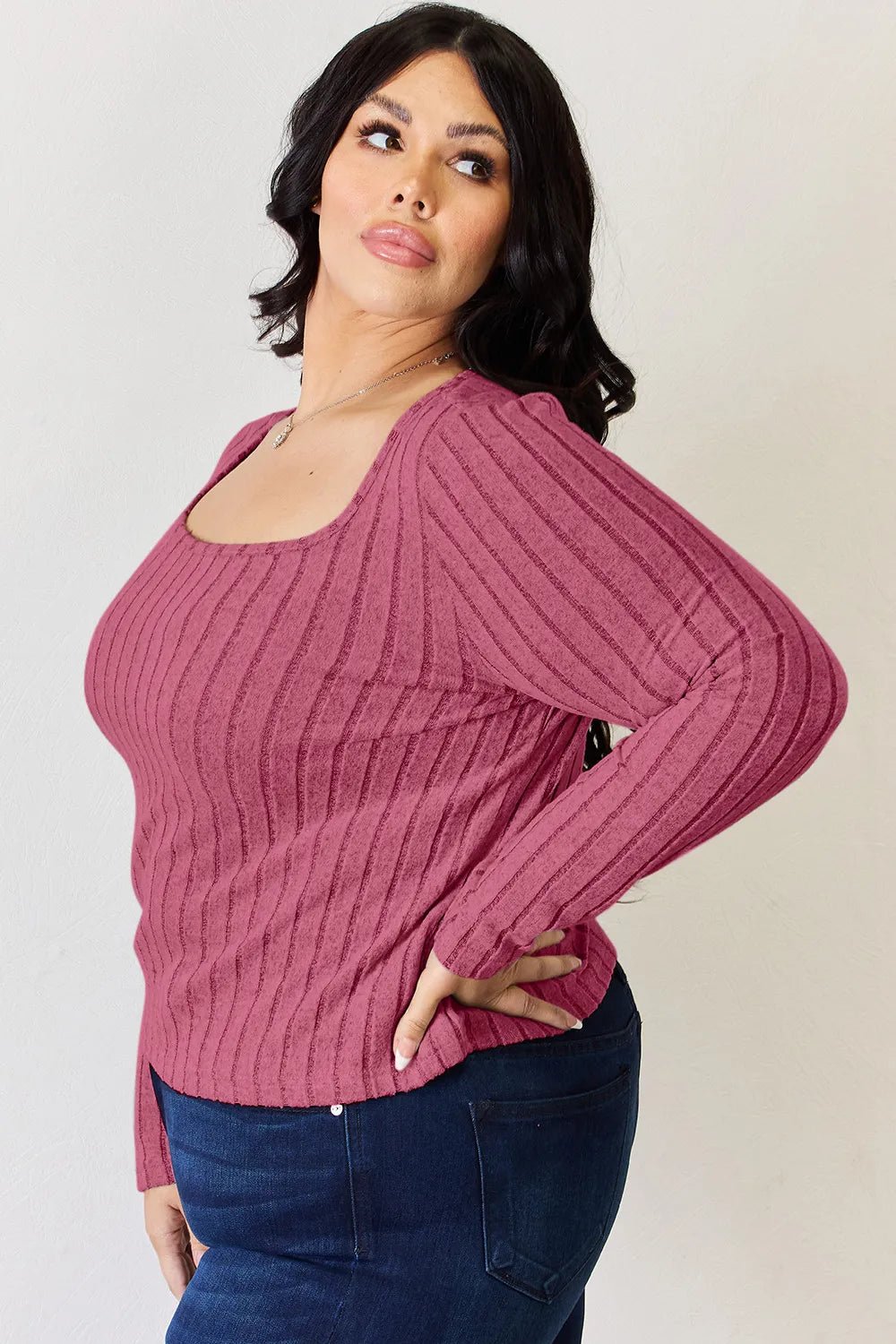 Basic Bae Full Size Ribbed Long Sleeve T-Shirt in Hot Pink