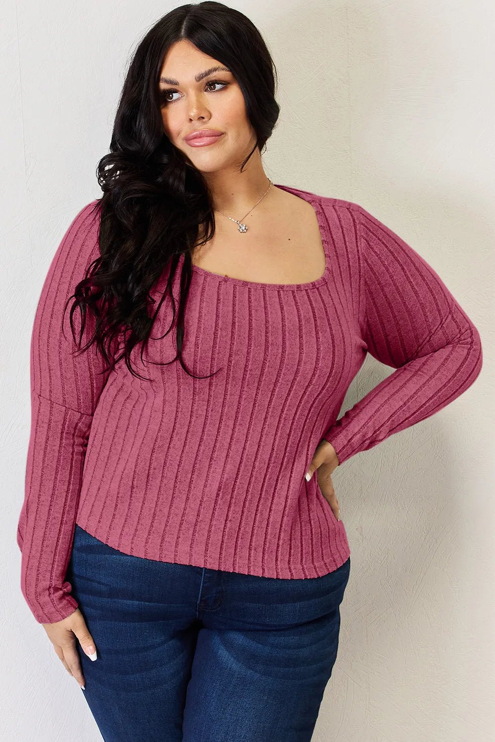 Basic Bae Full Size Ribbed Long Sleeve T-Shirt in Hot Pink
