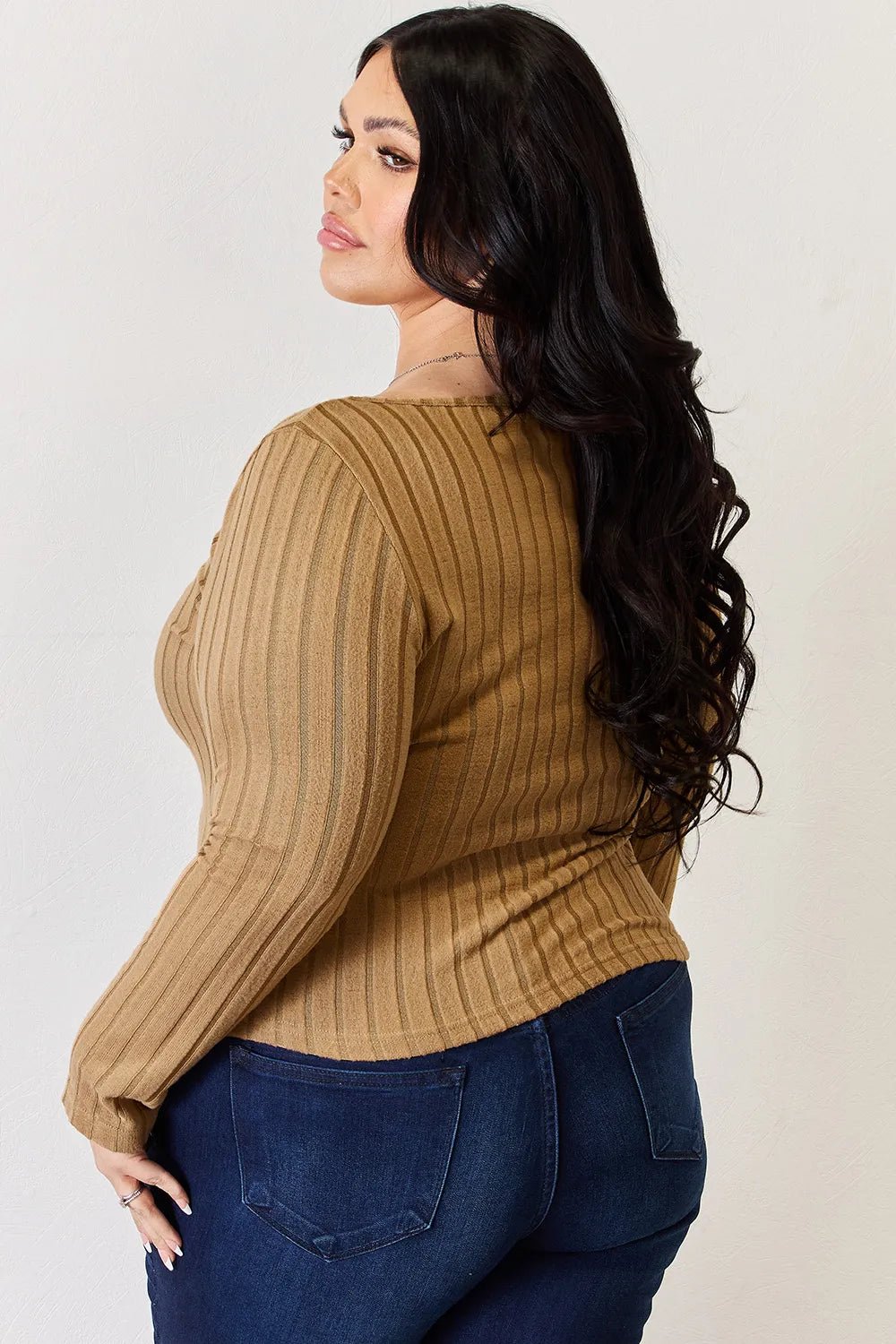 Basic Bae Full Size Ribbed Long Sleeve T-Shirt in Khaki