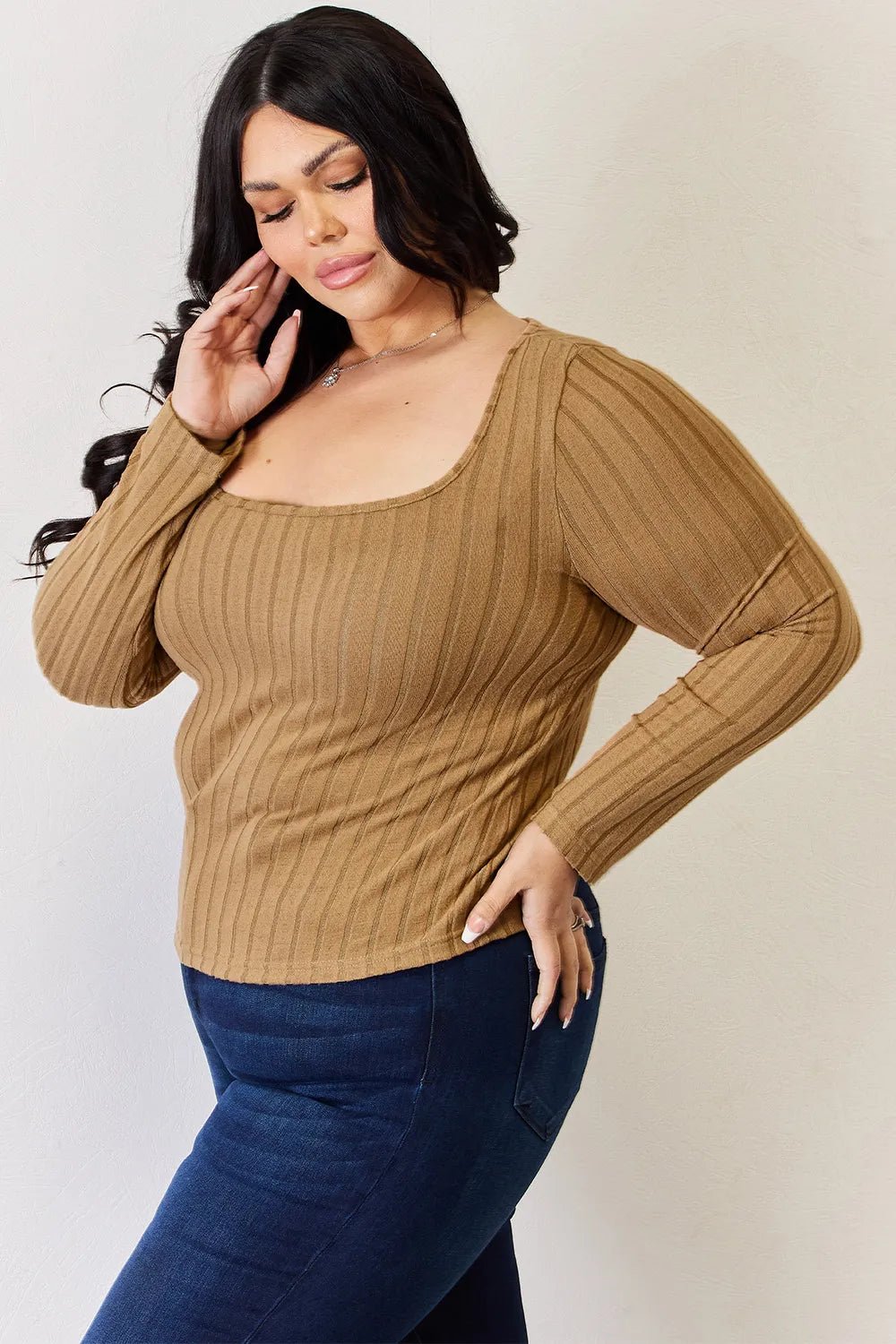 Basic Bae Full Size Ribbed Long Sleeve T-Shirt in Khaki