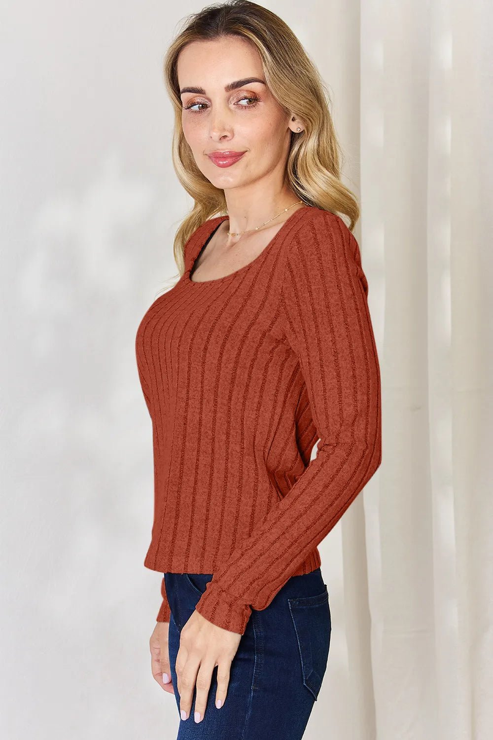 Basic Bae Full Size Ribbed Long Sleeve T-Shirt in Rust