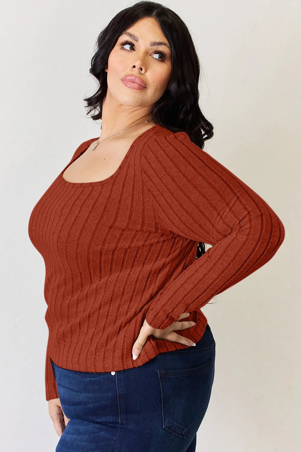 Basic Bae Full Size Ribbed Long Sleeve T-Shirt in Rust