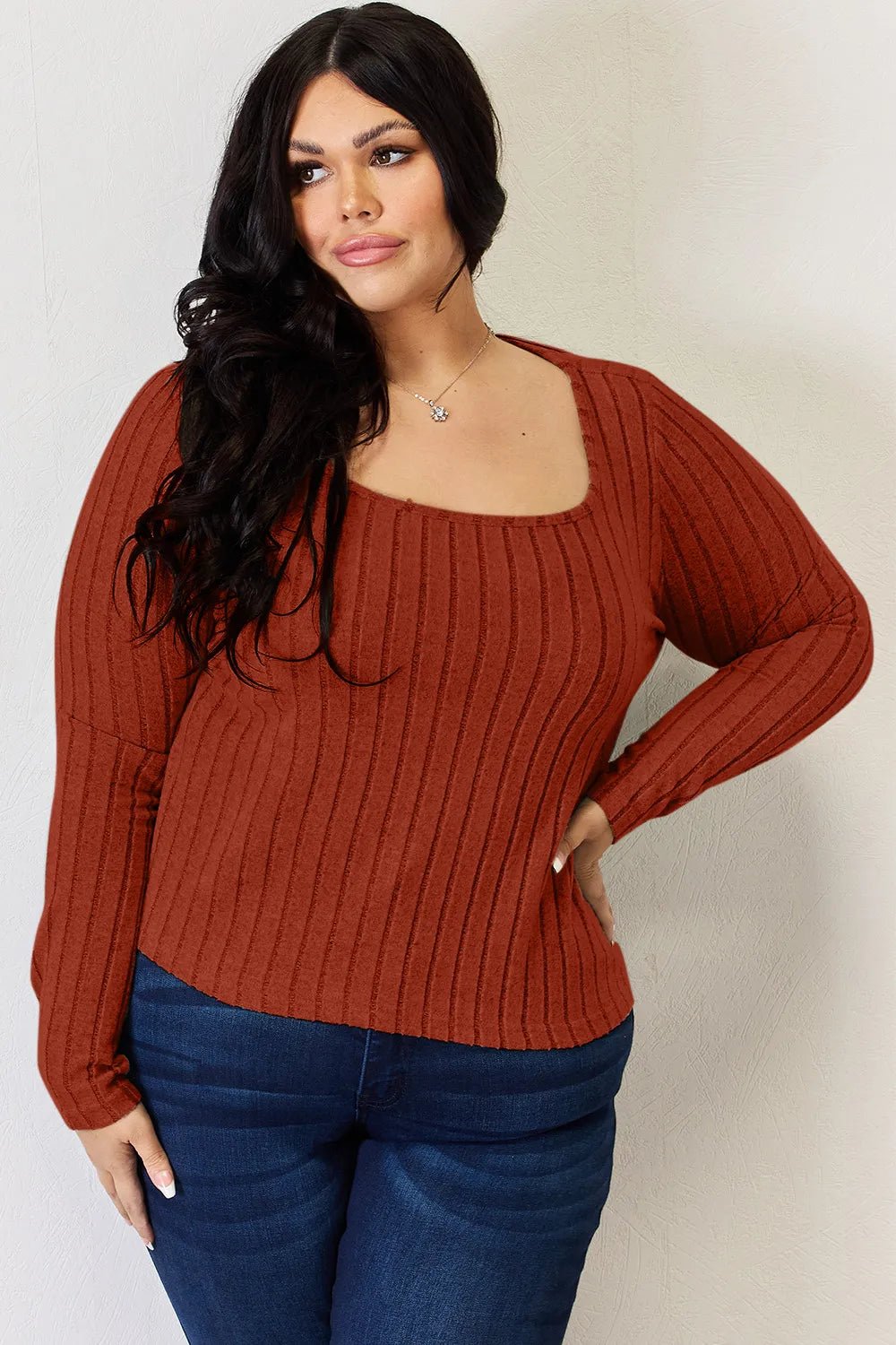 Basic Bae Full Size Ribbed Long Sleeve T-Shirt in Rust