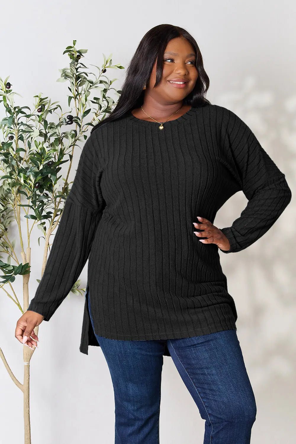 Basic Bae Full Size Ribbed Round Neck Long Sleeve Slit Top in Black