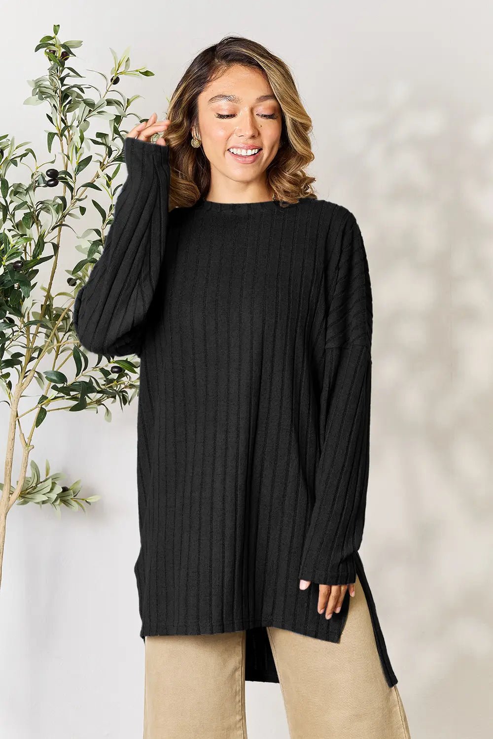 Basic Bae Full Size Ribbed Round Neck Long Sleeve Slit Top in Black