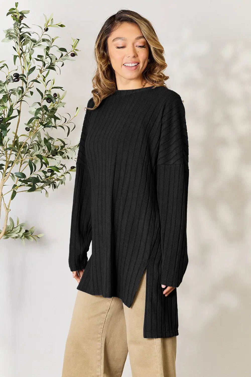 Basic Bae Full Size Ribbed Round Neck Long Sleeve Slit Top in Black