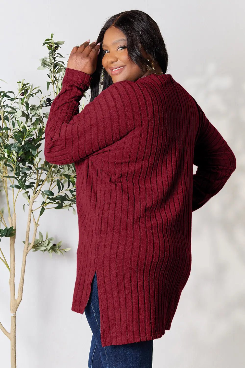 Basic Bae Full Size Ribbed Round Neck Long Sleeve Slit Top in Burgundy