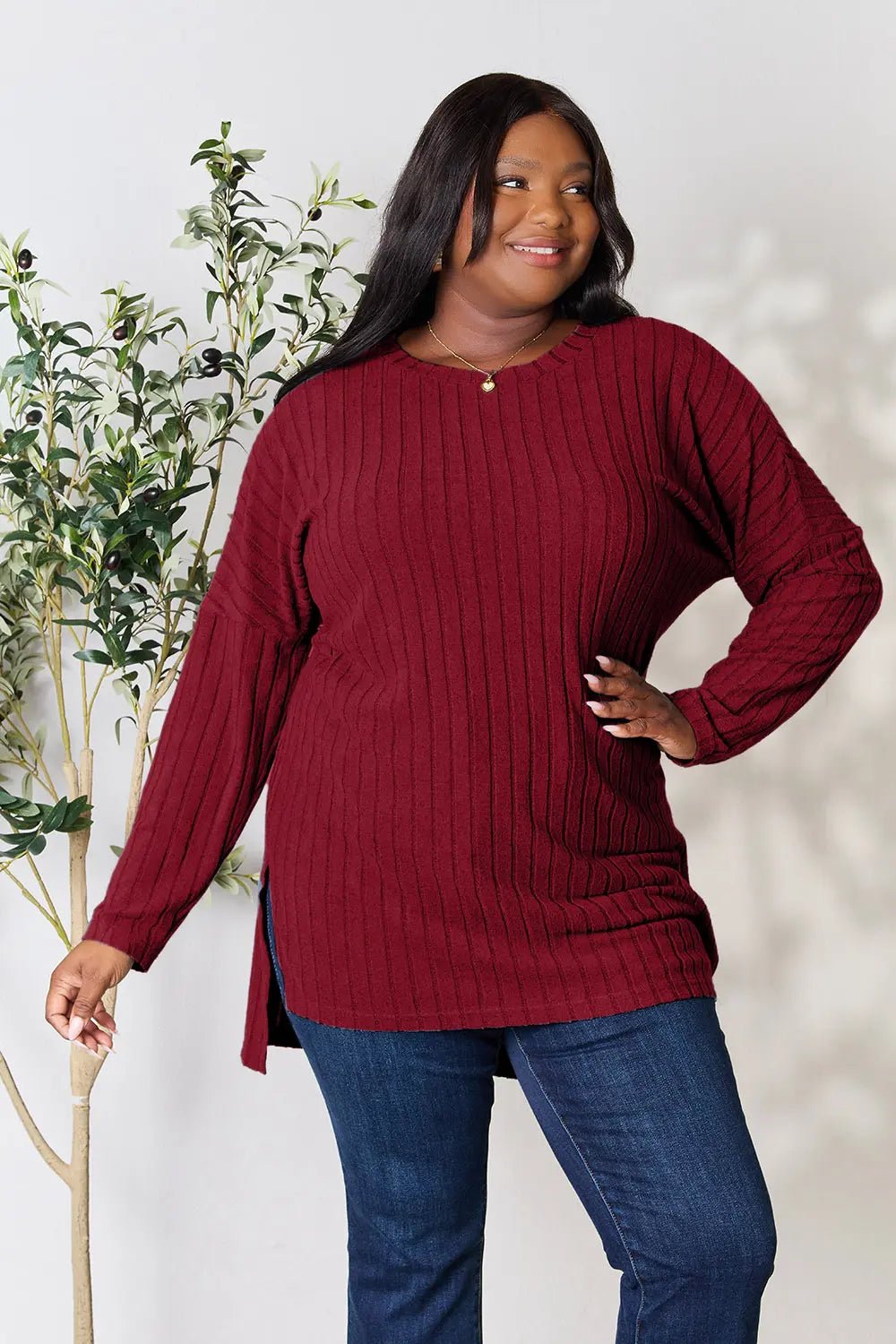 Basic Bae Full Size Ribbed Round Neck Long Sleeve Slit Top in Burgundy