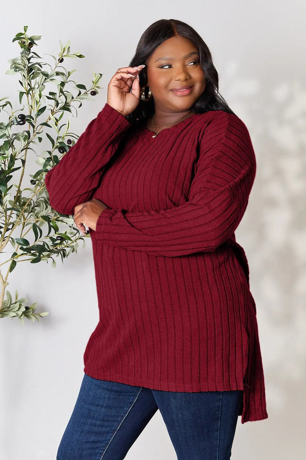Basic Bae Full Size Ribbed Round Neck Long Sleeve Slit Top in Burgundy