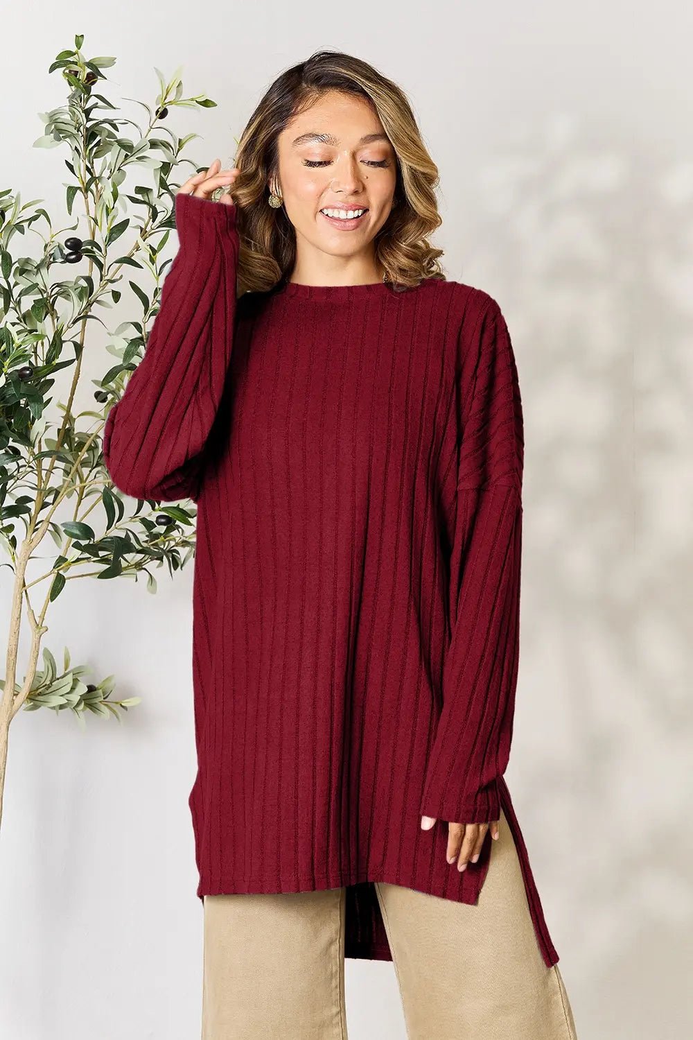 Basic Bae Full Size Ribbed Round Neck Long Sleeve Slit Top in Burgundy