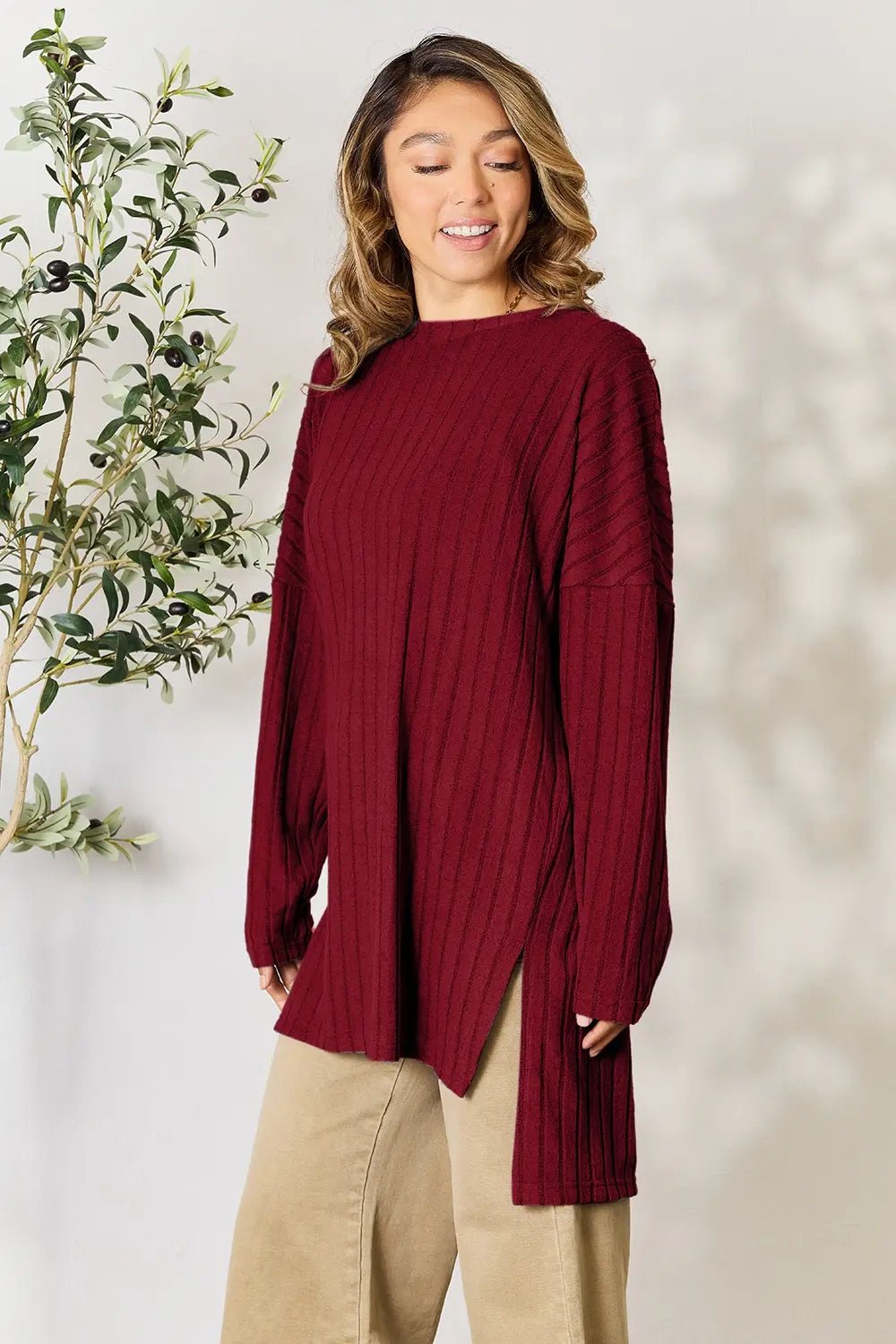 Basic Bae Full Size Ribbed Round Neck Long Sleeve Slit Top in Burgundy