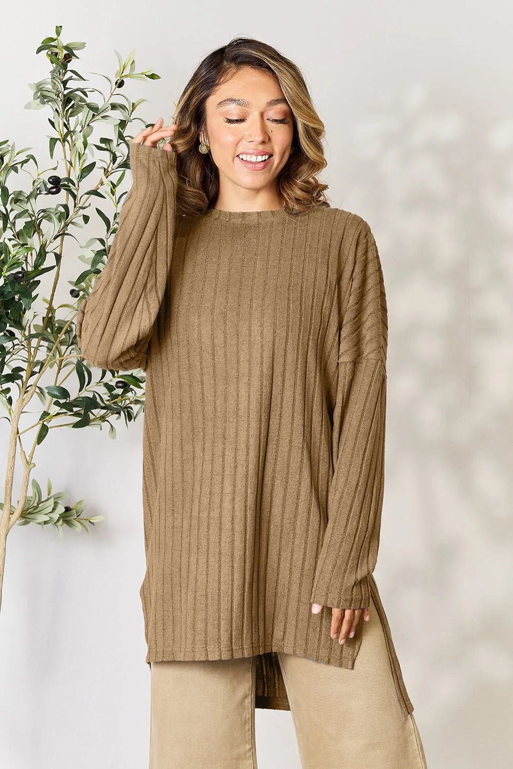 Basic Bae Full Size Ribbed Round Neck Long Sleeve Slit Top in Khaki