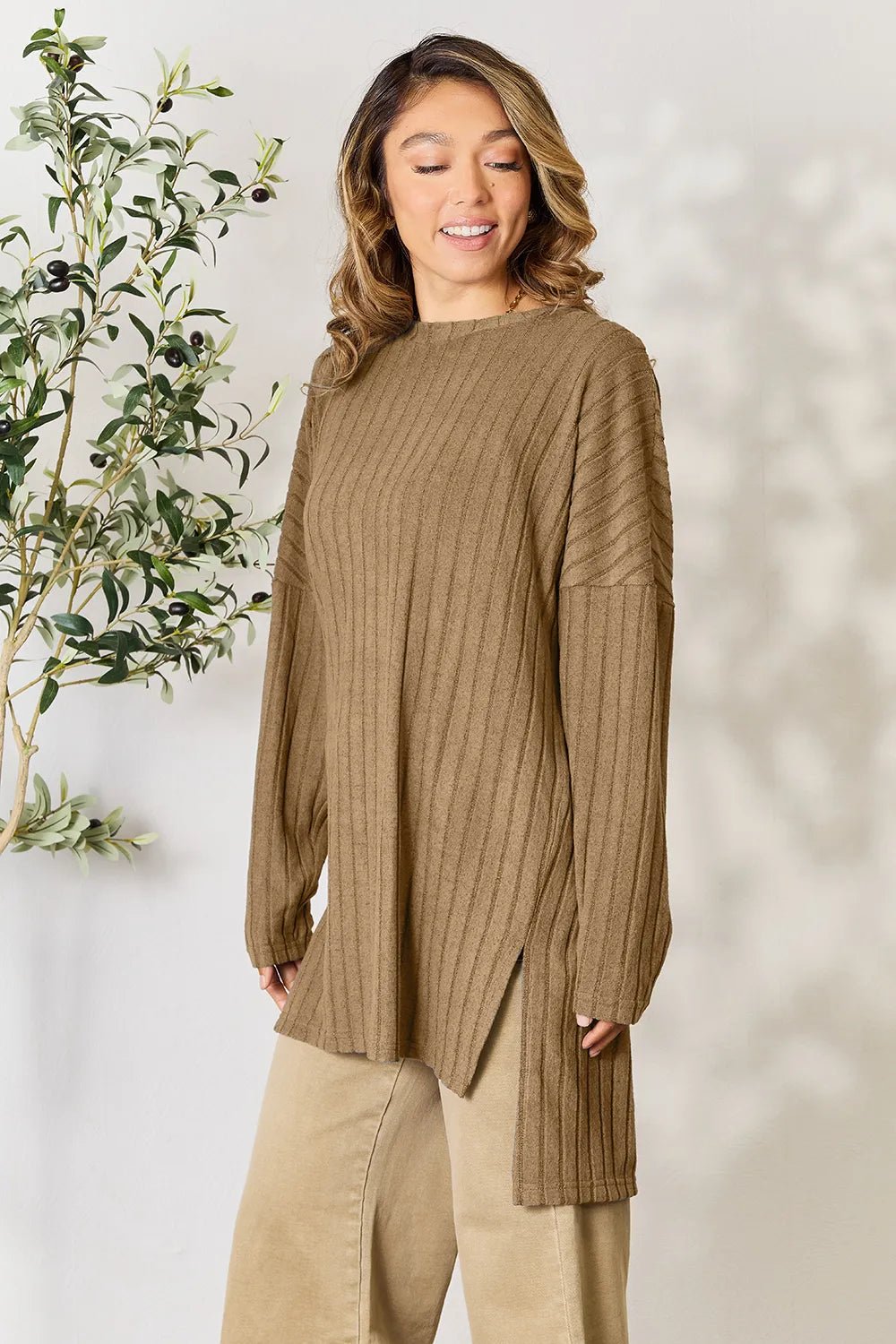 Basic Bae Full Size Ribbed Round Neck Long Sleeve Slit Top in Khaki