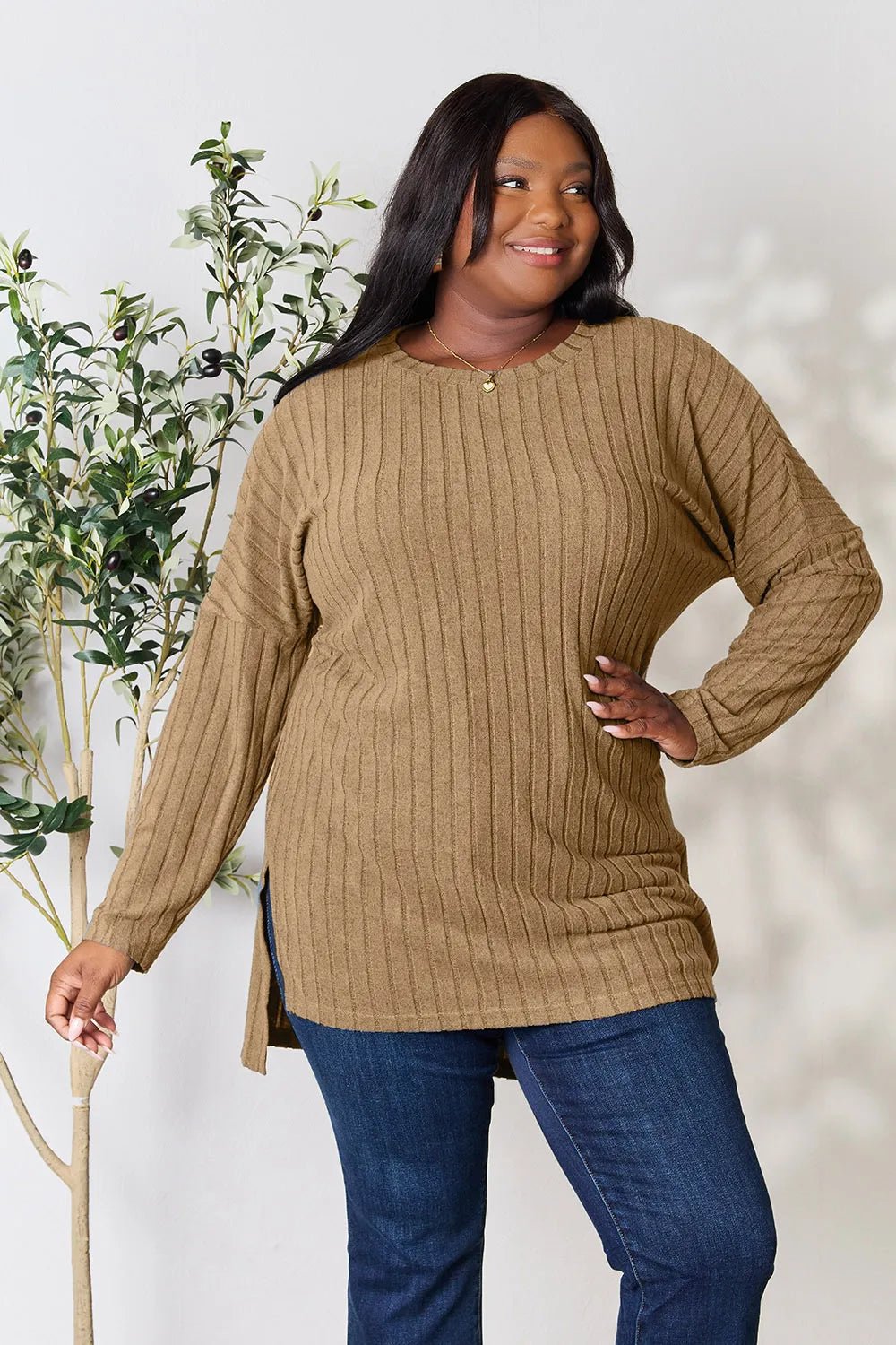 Basic Bae Full Size Ribbed Round Neck Long Sleeve Slit Top in Khaki