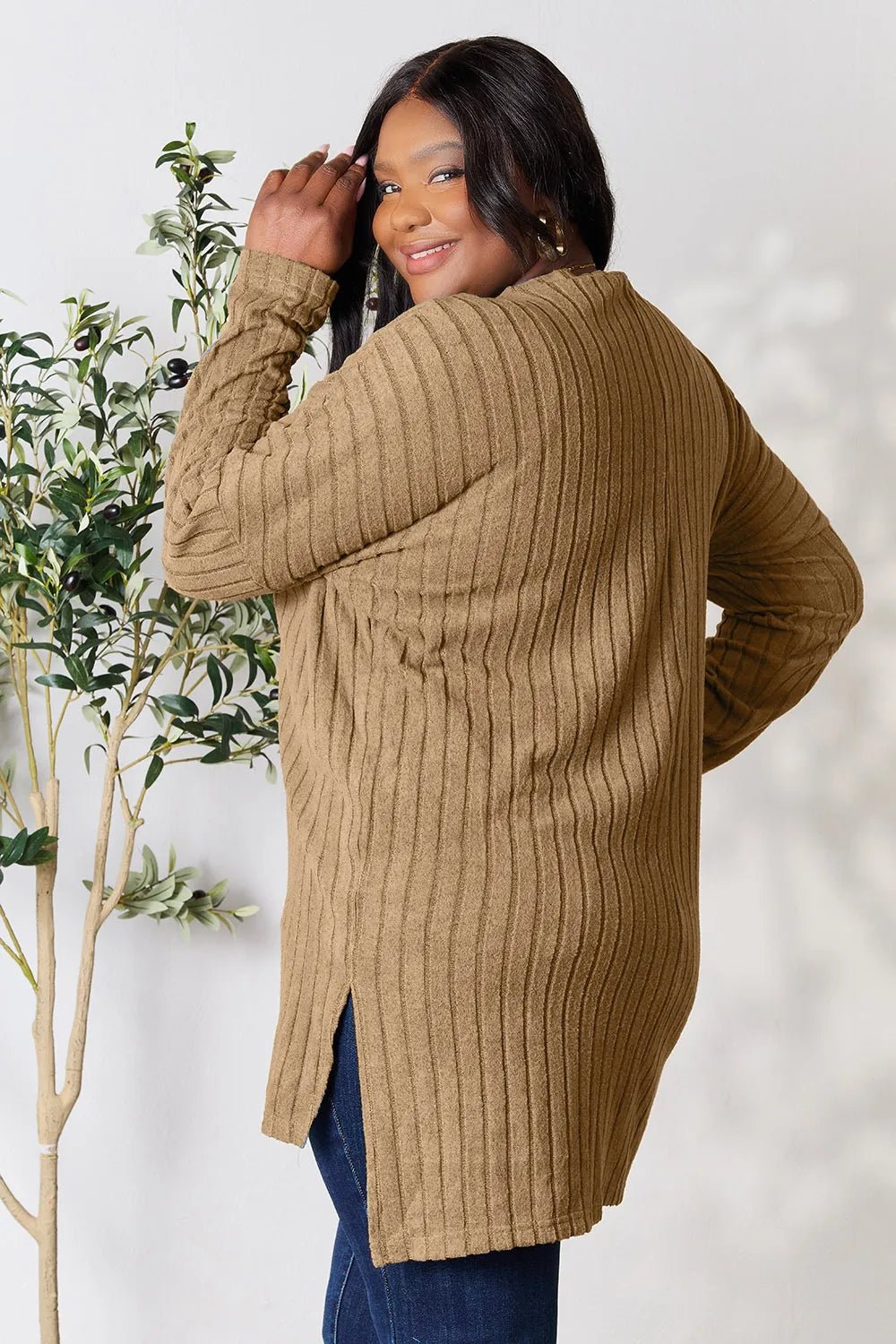 Basic Bae Full Size Ribbed Round Neck Long Sleeve Slit Top in Khaki