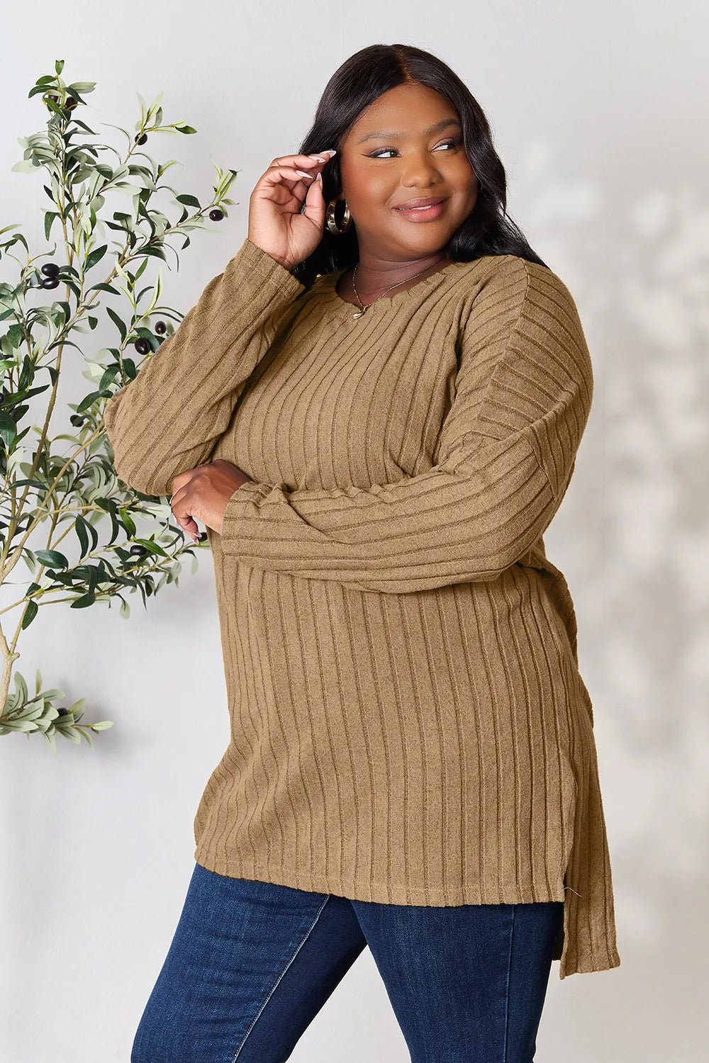 Basic Bae Full Size Ribbed Round Neck Long Sleeve Slit Top in Khaki