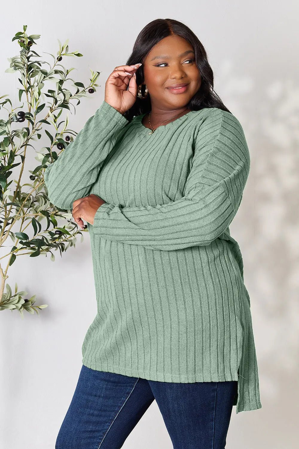 Basic Bae Full Size Ribbed Round Neck Long Sleeve Slit Top in Light Green