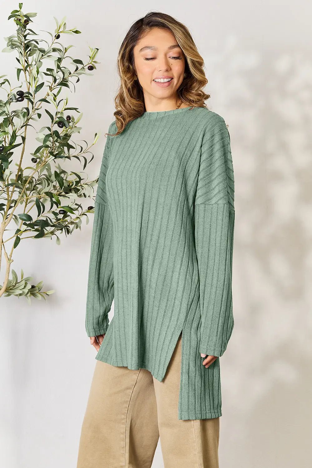 Basic Bae Full Size Ribbed Round Neck Long Sleeve Slit Top in Light Green