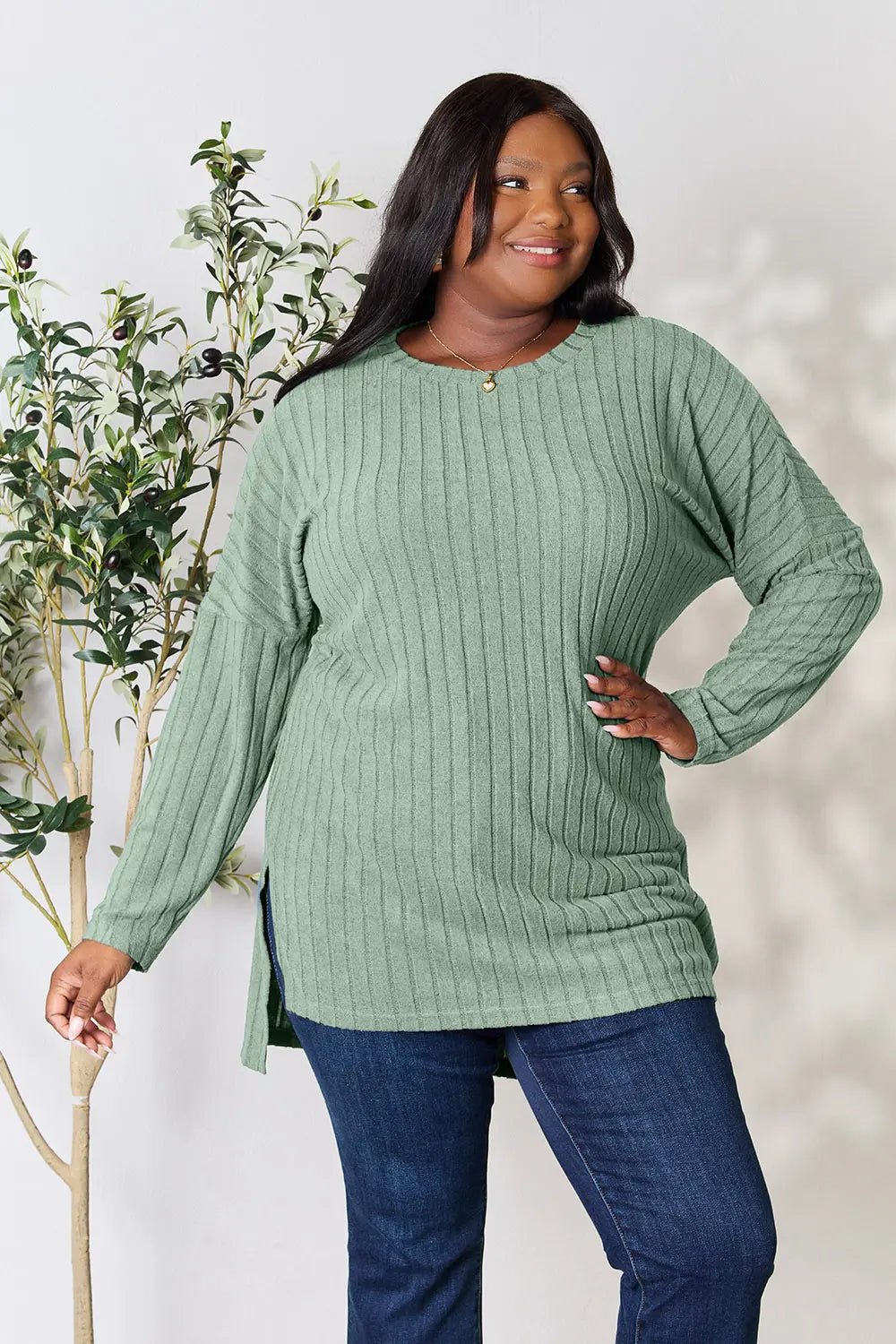 Basic Bae Full Size Ribbed Round Neck Long Sleeve Slit Top in Light Green