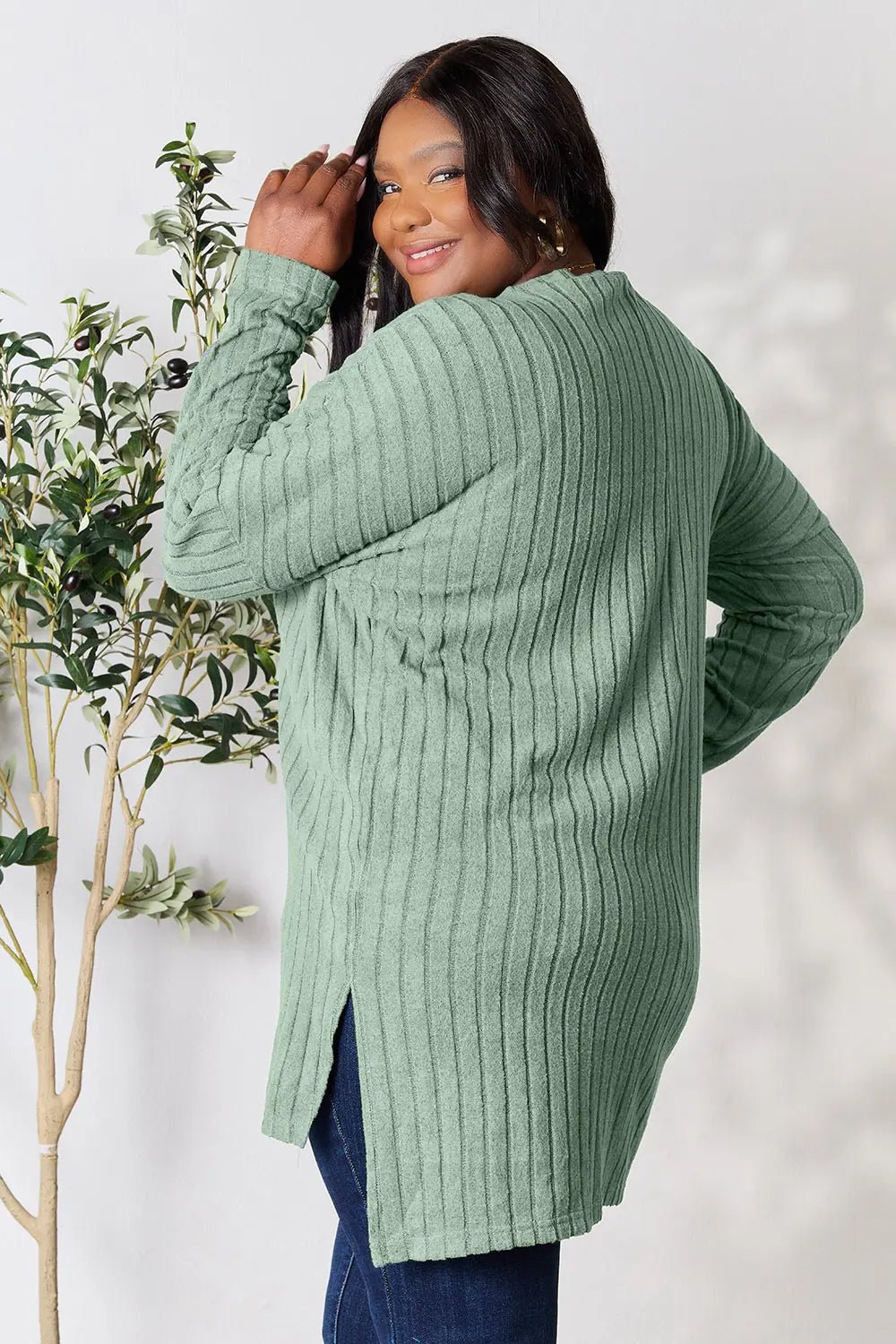 Basic Bae Full Size Ribbed Round Neck Long Sleeve Slit Top in Light Green