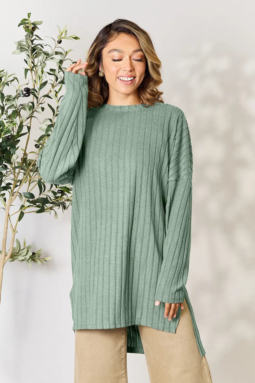 Basic Bae Full Size Ribbed Round Neck Long Sleeve Slit Top in Light Green