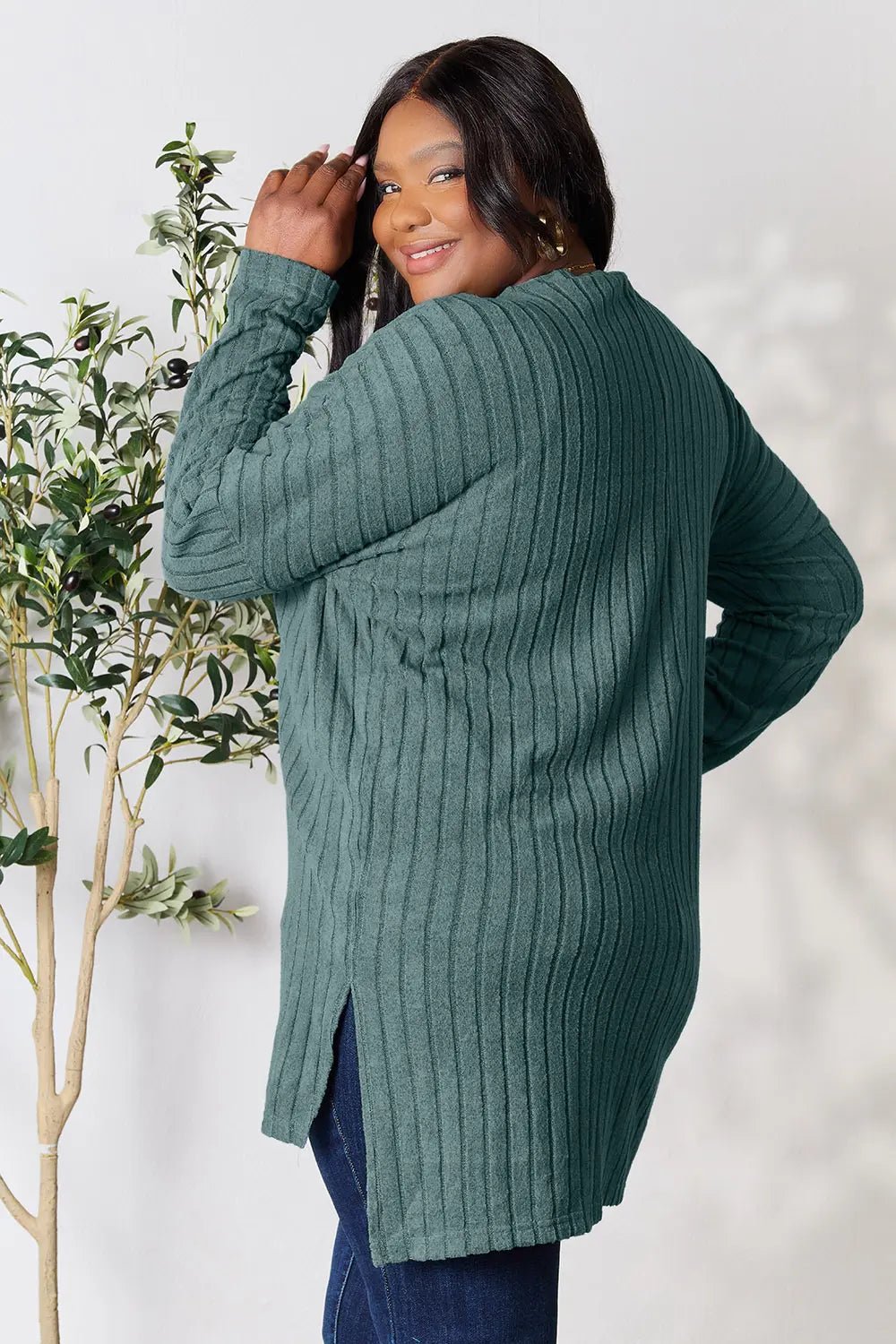 Basic Bae Full Size Ribbed Round Neck Long Sleeve Slit Top in Teal