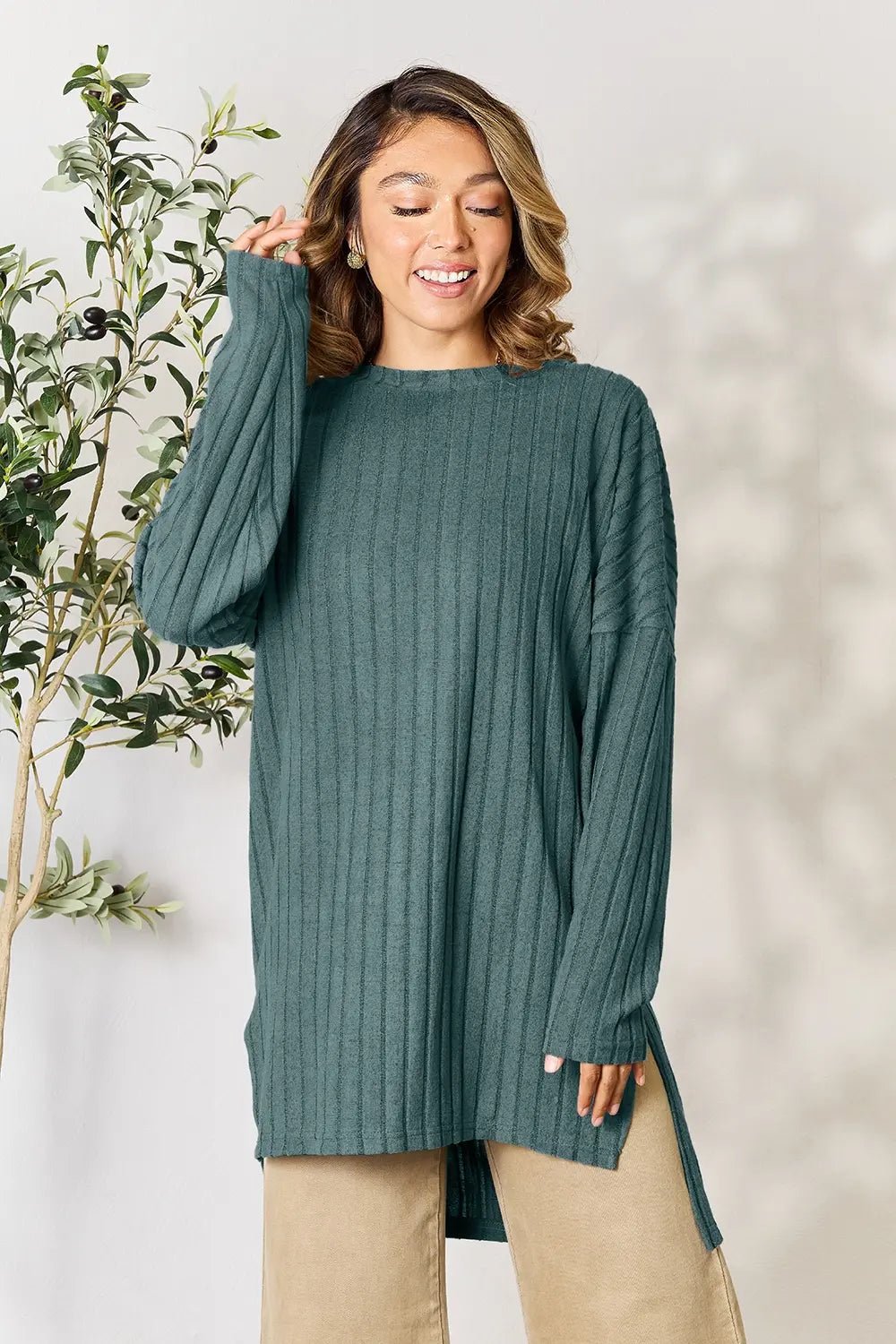 Basic Bae Full Size Ribbed Round Neck Long Sleeve Slit Top in Teal