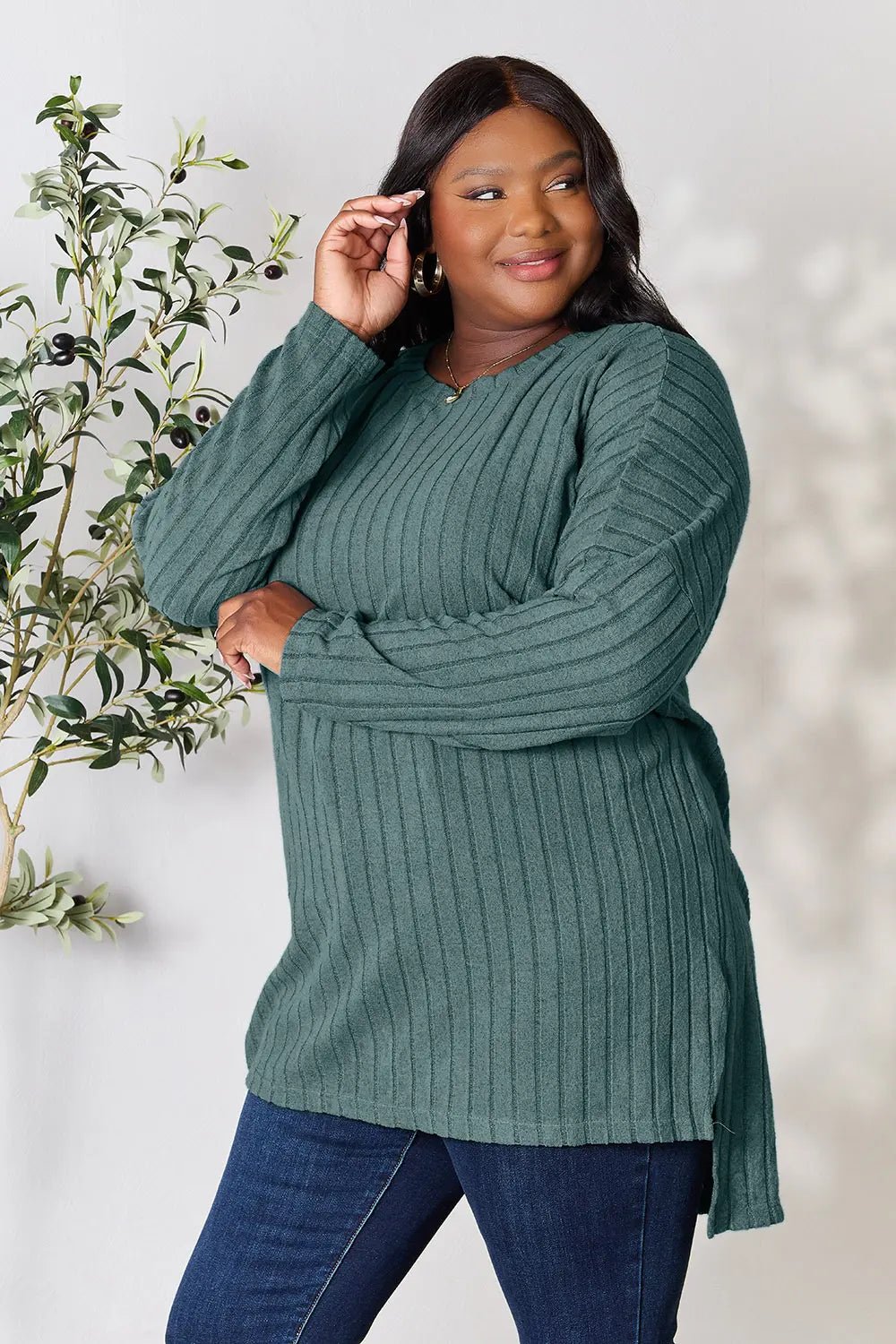 Basic Bae Full Size Ribbed Round Neck Long Sleeve Slit Top in Teal