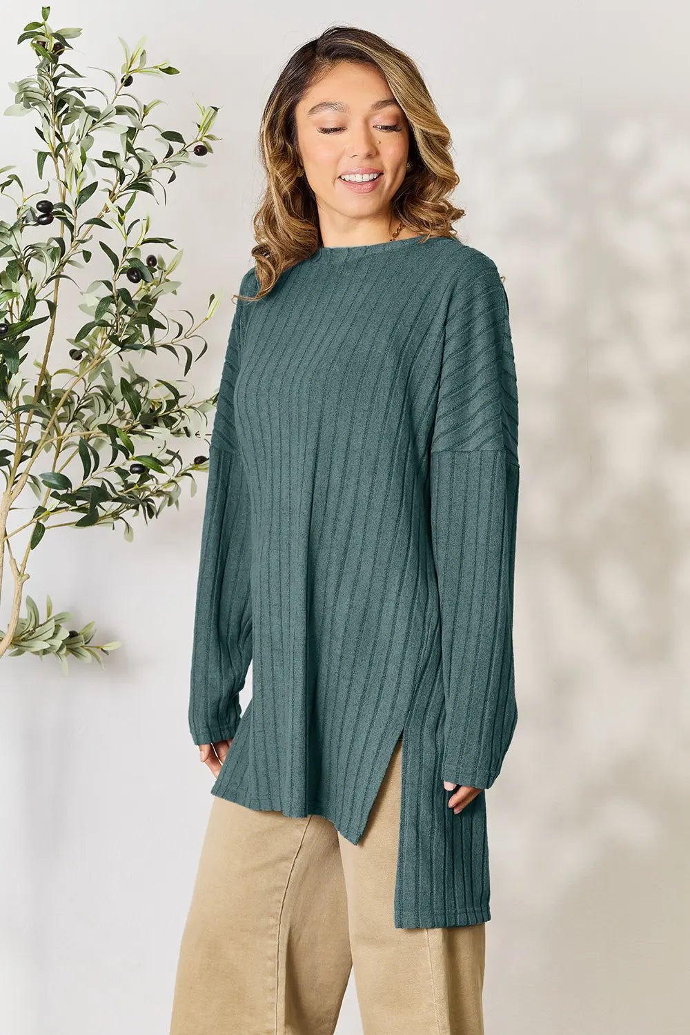 Basic Bae Full Size Ribbed Round Neck Long Sleeve Slit Top in Teal