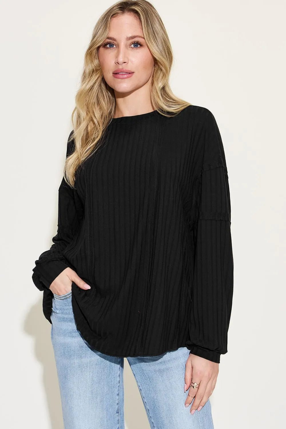 Basic Bae Full Size Ribbed Round Neck Long Sleeve T-Shirt in Black