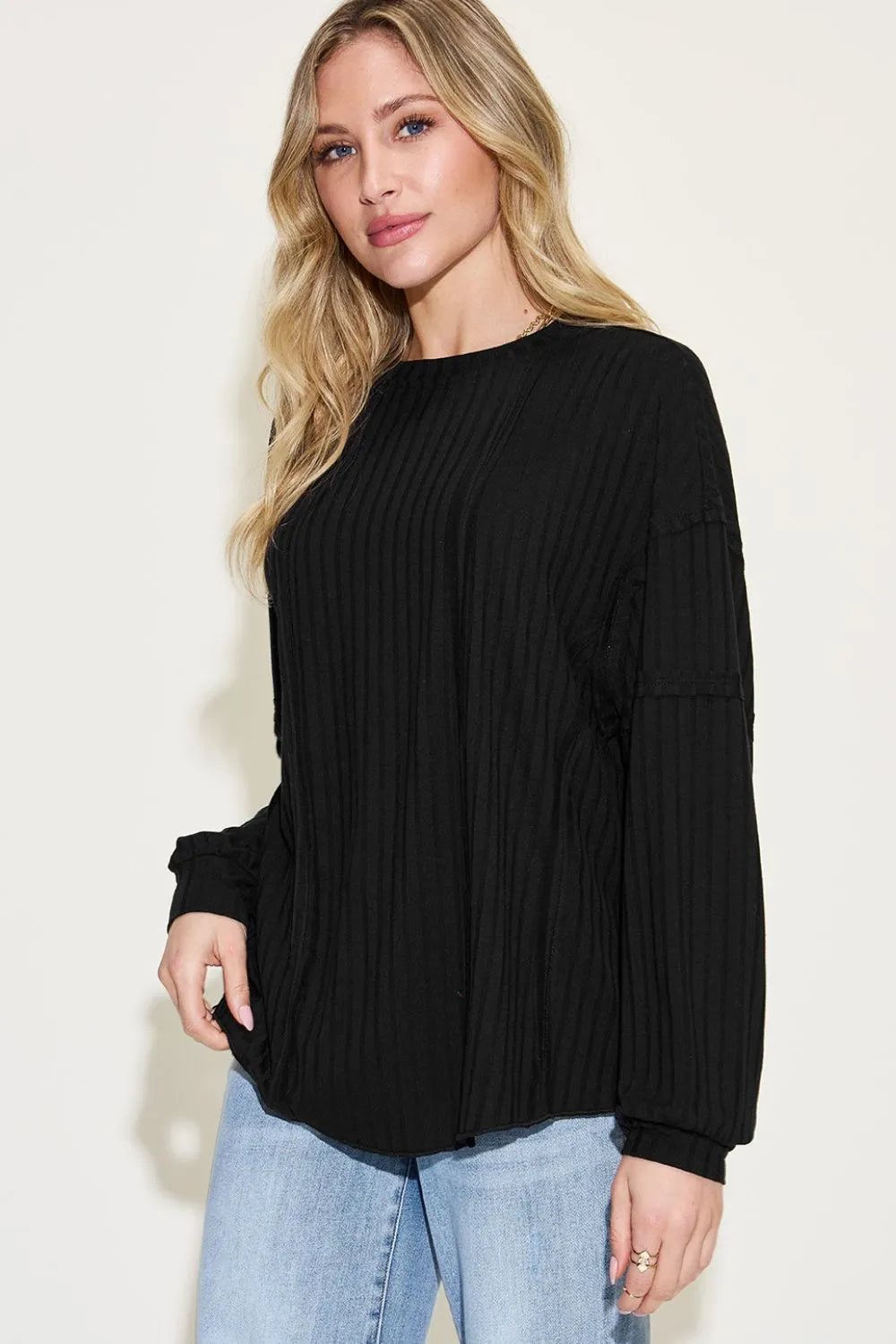 Basic Bae Full Size Ribbed Round Neck Long Sleeve T-Shirt in Black
