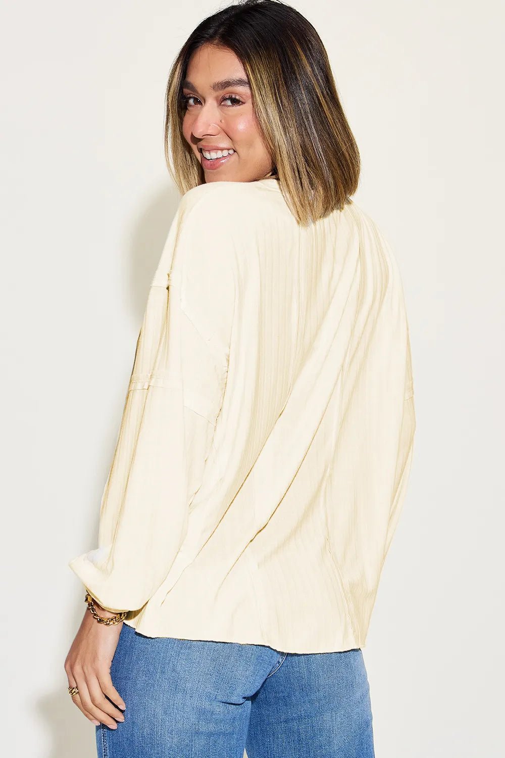 Basic Bae Full Size Ribbed Round Neck Long Sleeve T-Shirt in Cream