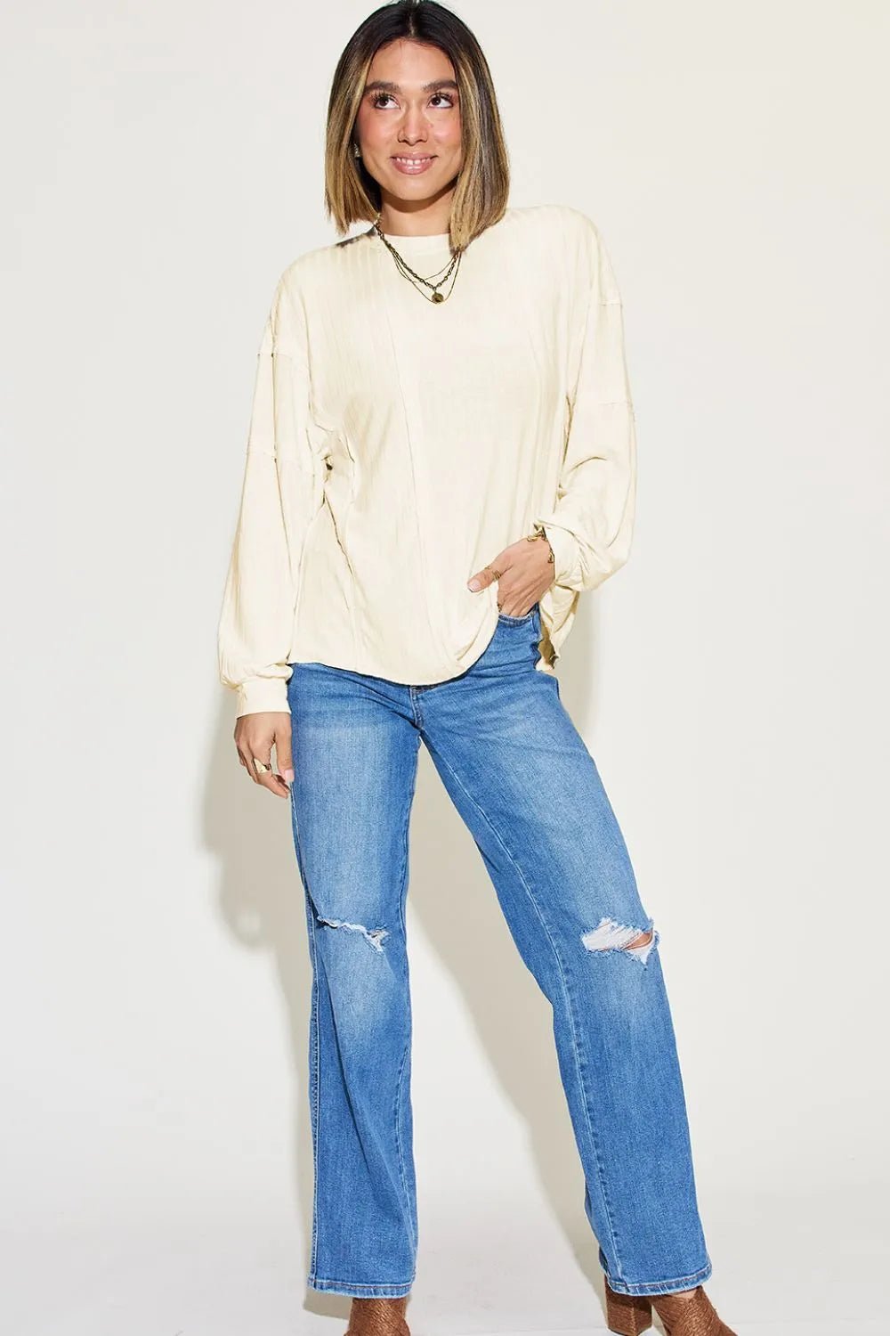 Basic Bae Full Size Ribbed Round Neck Long Sleeve T-Shirt in Cream