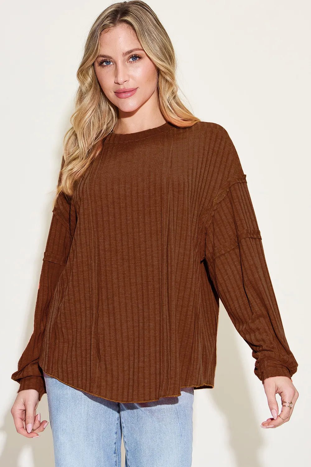 Basic Bae Full Size Ribbed Round Neck Long Sleeve T-Shirt in Dark Brown