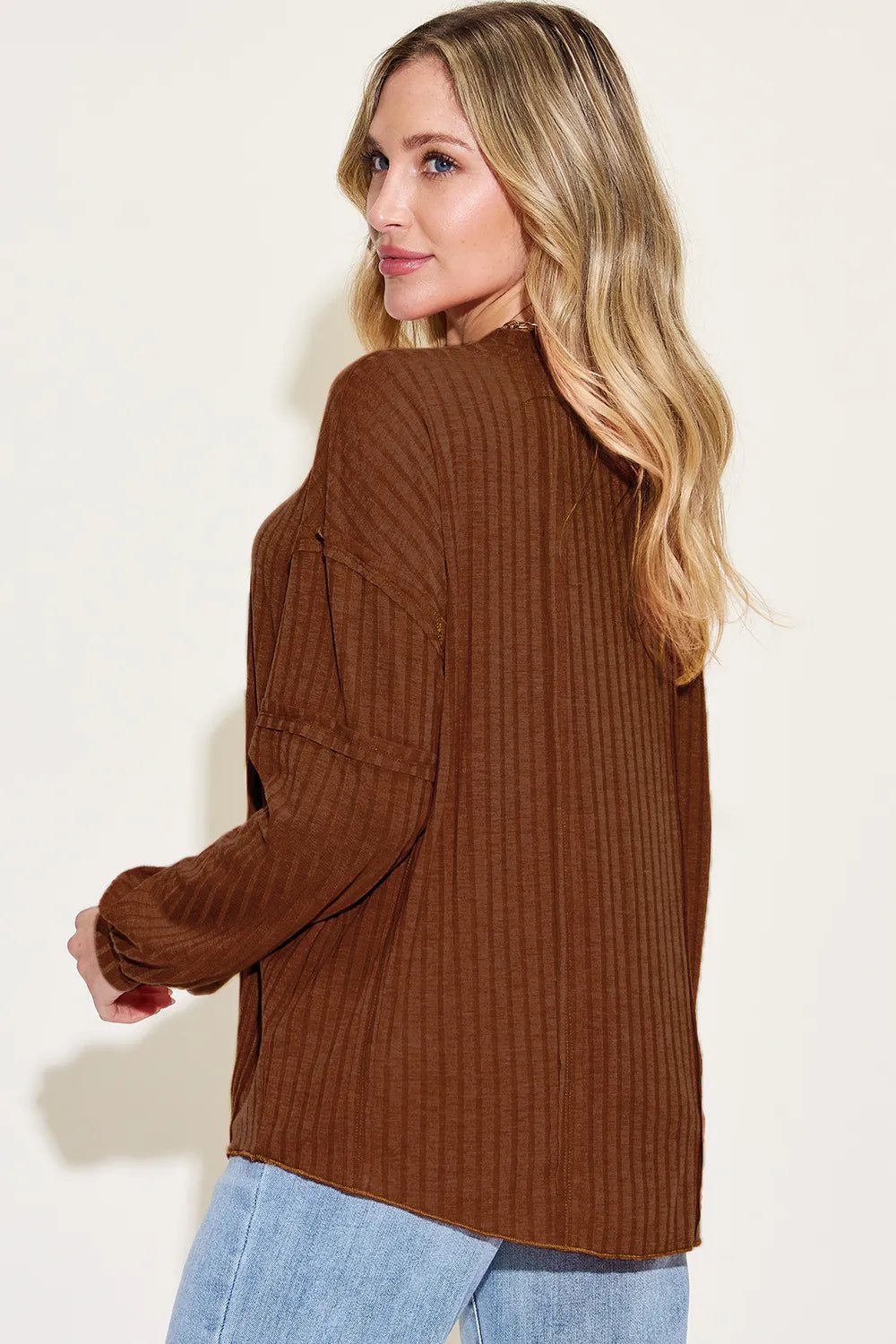 Basic Bae Full Size Ribbed Round Neck Long Sleeve T-Shirt in Dark Brown