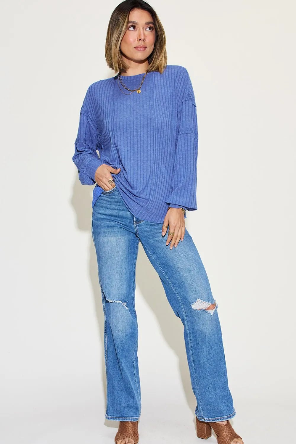 Basic Bae Full Size Ribbed Round Neck Long Sleeve T-Shirt in Dusty Blue