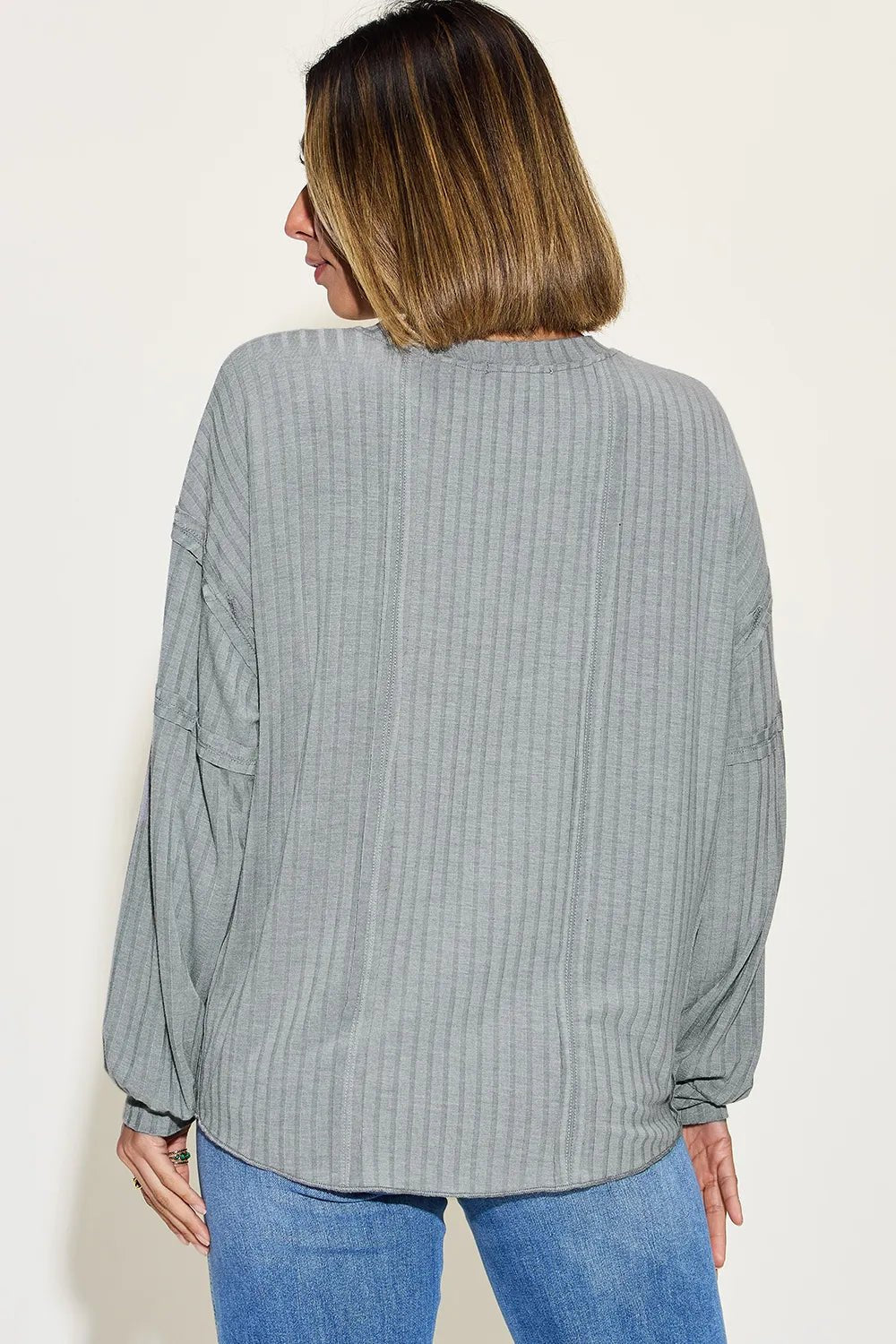 Basic Bae Full Size Ribbed Round Neck Long Sleeve T-Shirt in Gray