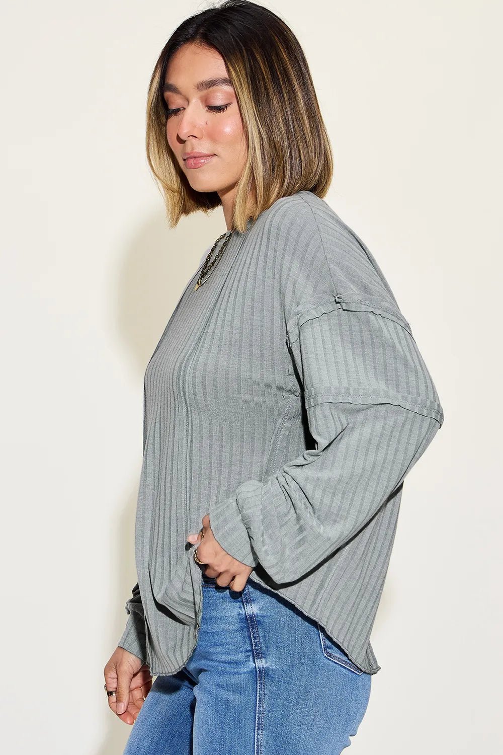 Basic Bae Full Size Ribbed Round Neck Long Sleeve T-Shirt in Gray