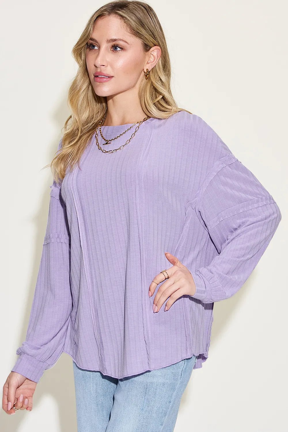 Basic Bae Full Size Ribbed Round Neck Long Sleeve T-Shirt in Lavender